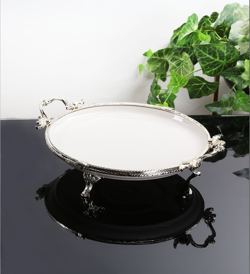 Koşar Gümüş Kulplu Porselen 29 Cm Yuvarlak Sunum Tabağı - Güzel Home - Sunumluklar