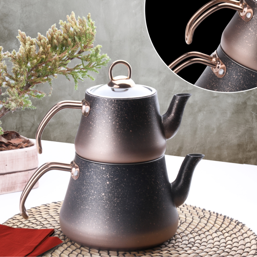 Oms Collection Bakır Granit M Boy 4 Parça Çaydanlık - Güzel Home - Granit Çaydanlık