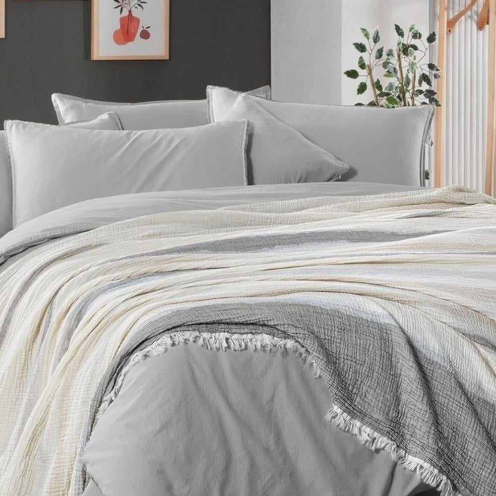 Sarev Mood Comfort Rıbera Çift Kikişilik Gri Yatak Örtüsü Ve Nevresim Takımı - Güzel Home - Çift Kişilik Nevresimli Yatak Örtüsü Seti