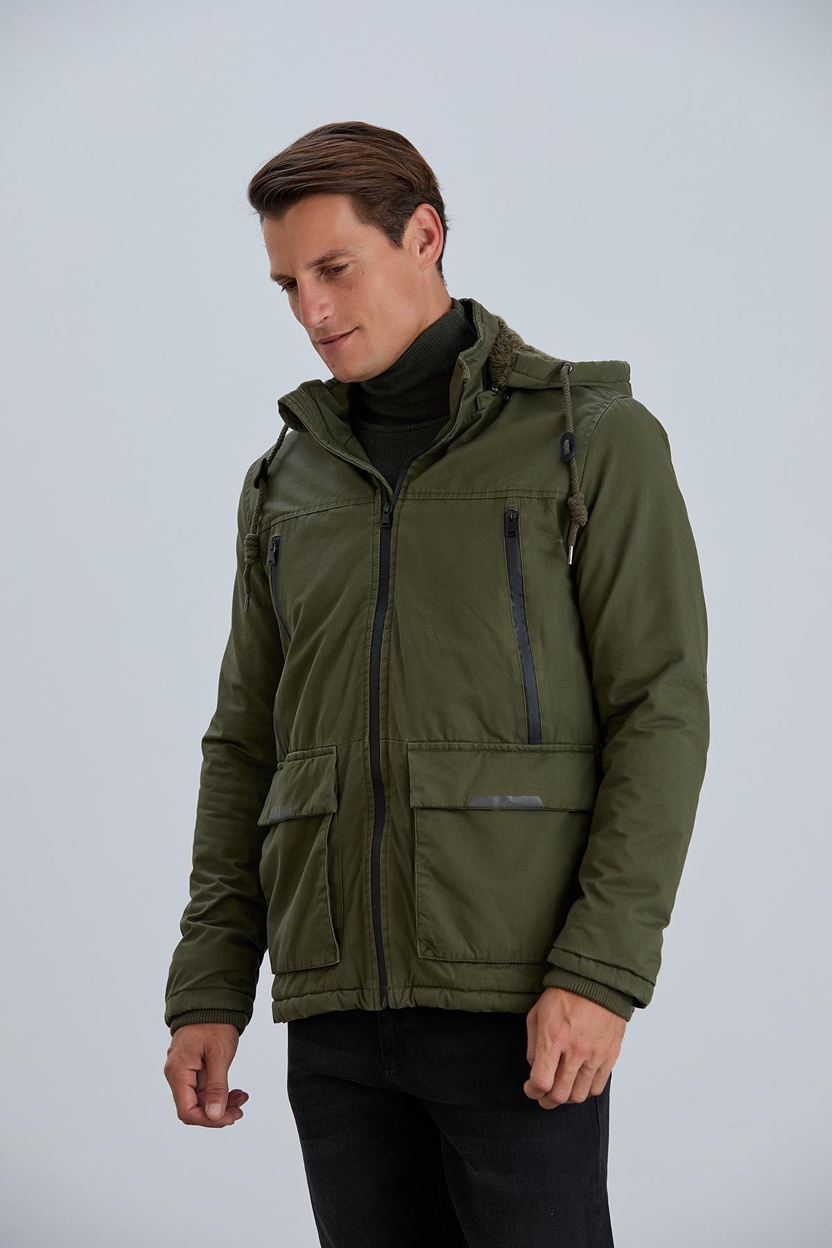 Çıkabilir Kapüşonlu Fermuar Detaylı Pamuk Erkek Mont