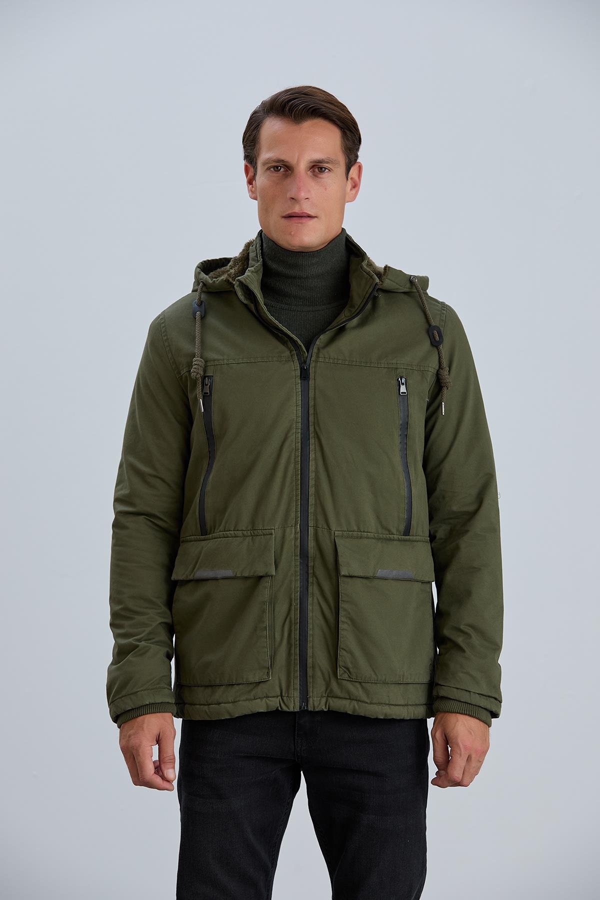 Çıkabilir Kapüşonlu Fermuar Detaylı Pamuk Erkek Mont