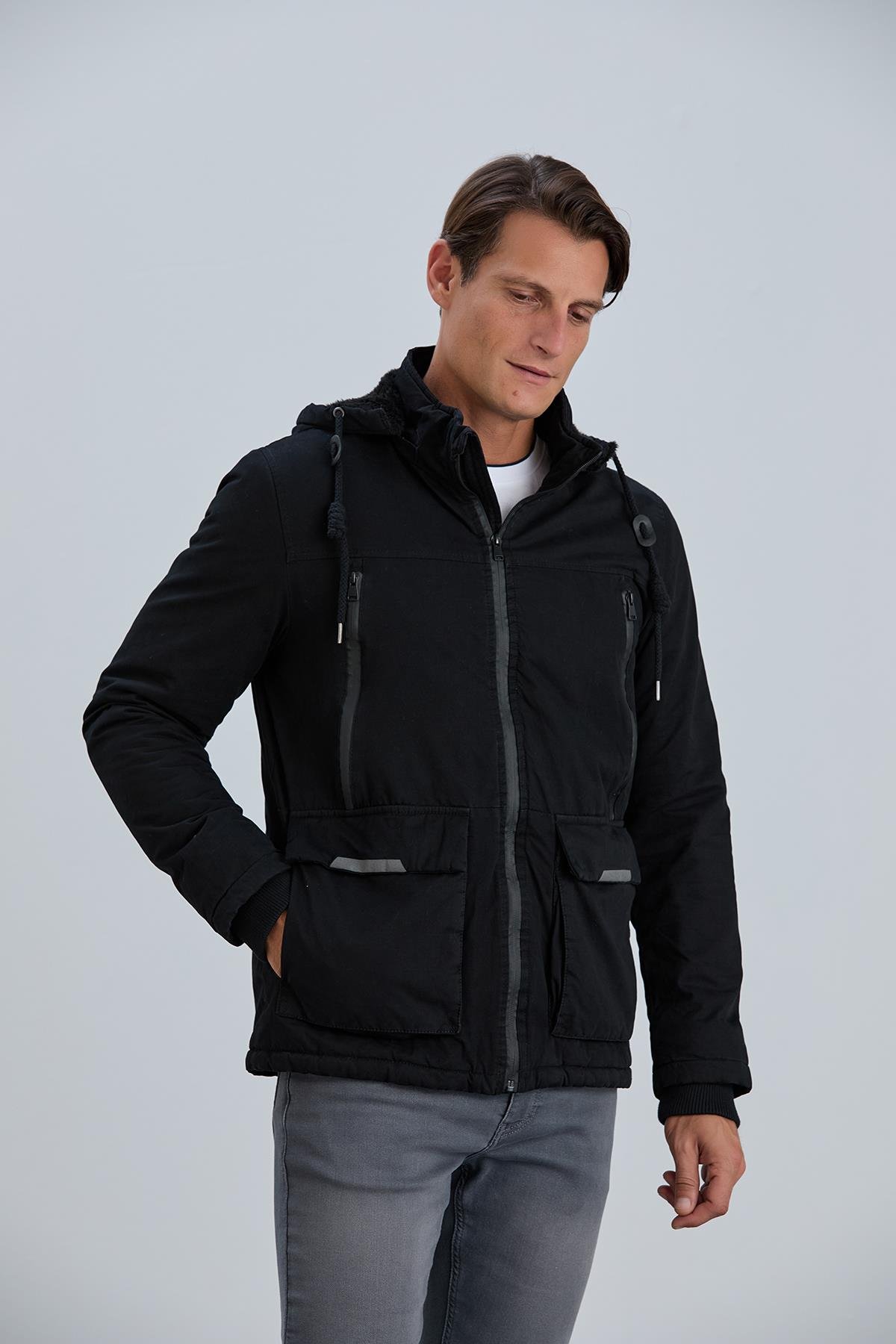 Çıkabilir Kapüşonlu Fermuar Detaylı Pamuk Erkek Mont