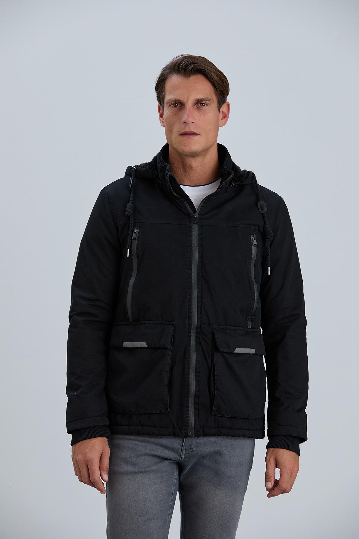 Çıkabilir Kapüşonlu Fermuar Detaylı Pamuk Erkek Mont