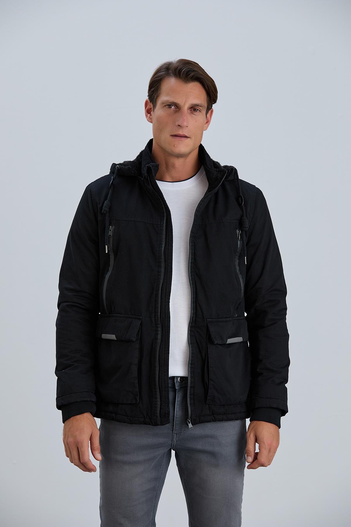 Çıkabilir Kapüşonlu Fermuar Detaylı Pamuk Erkek Mont