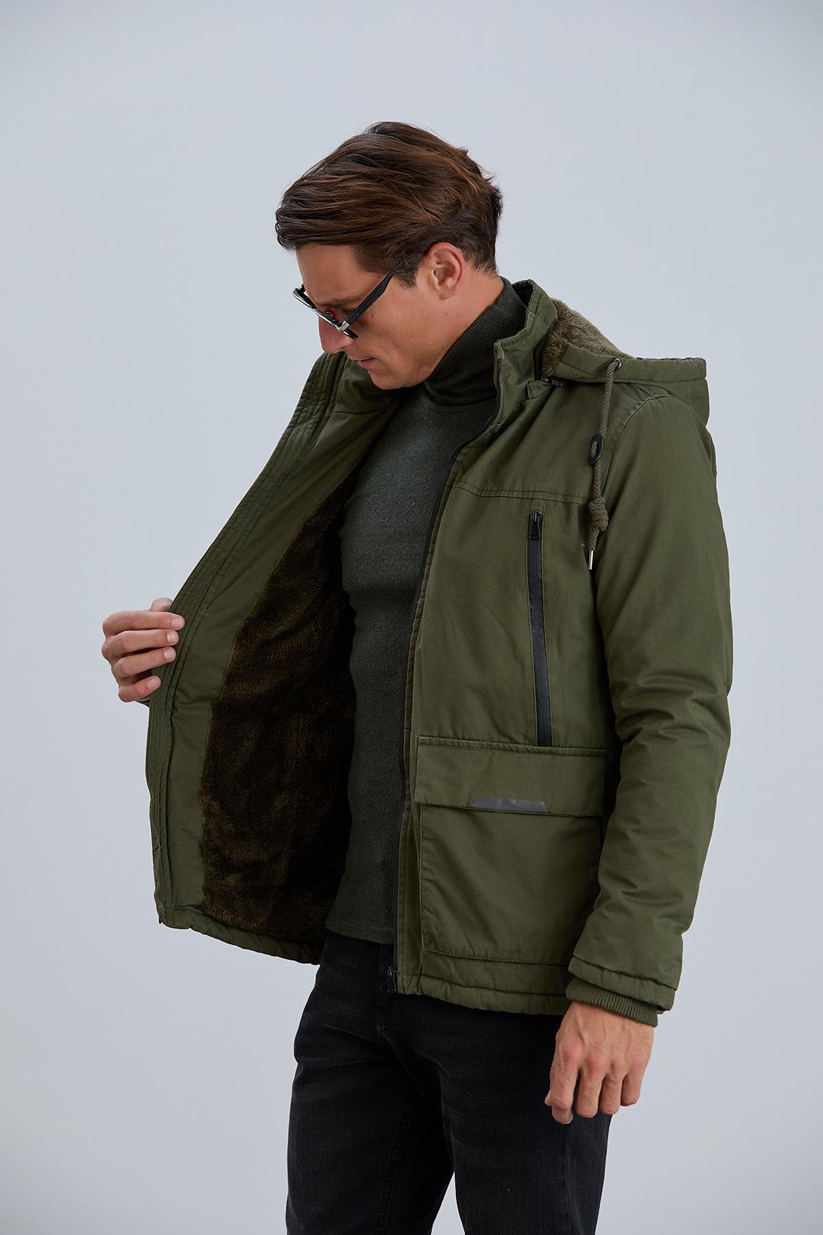 Çıkabilir Kapüşonlu Fermuar Detaylı Pamuk Erkek Mont
