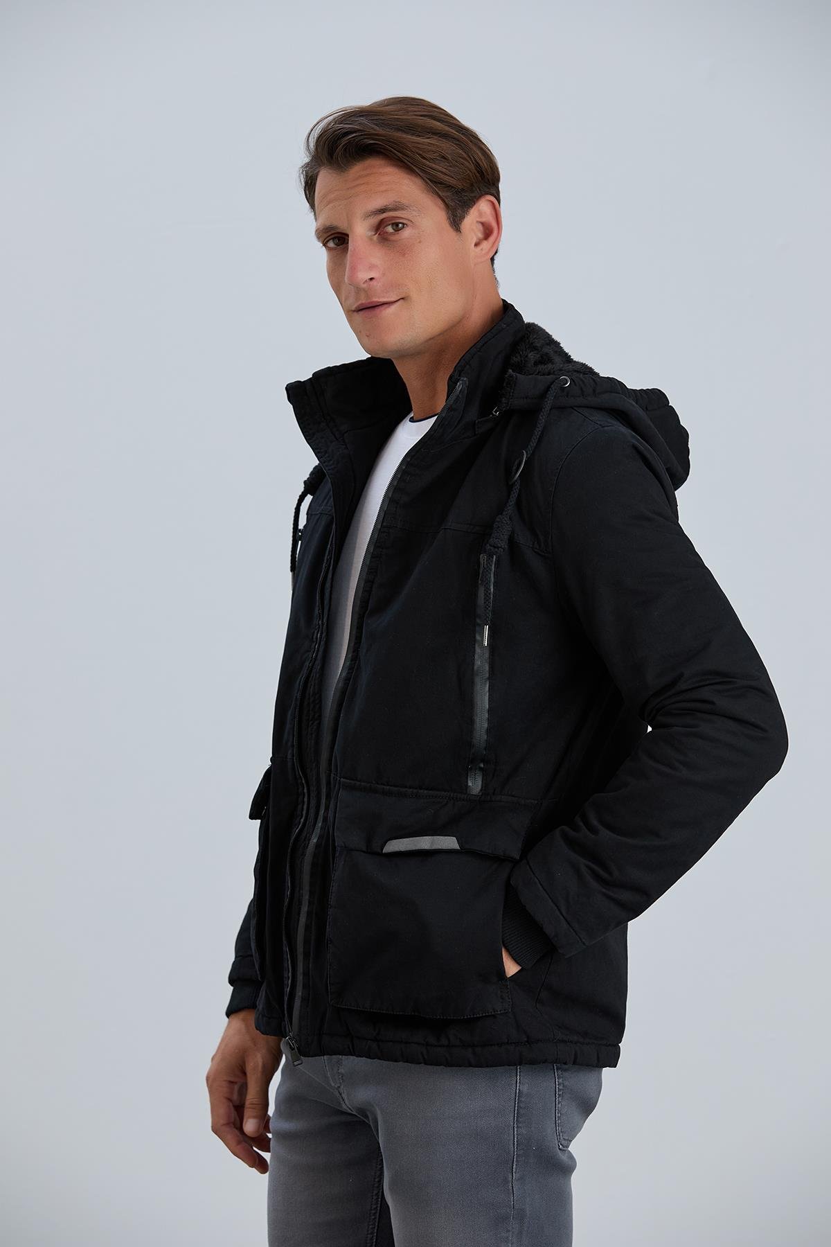 Çıkabilir Kapüşonlu Fermuar Detaylı Pamuk Erkek Mont