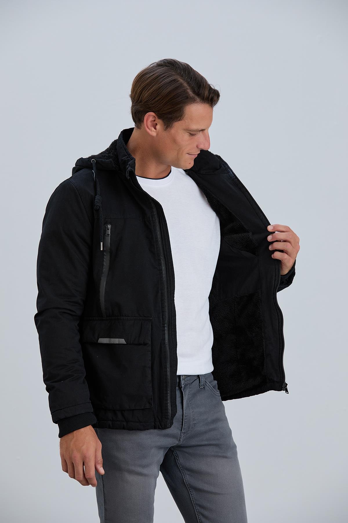 Çıkabilir Kapüşonlu Fermuar Detaylı Pamuk Erkek Mont