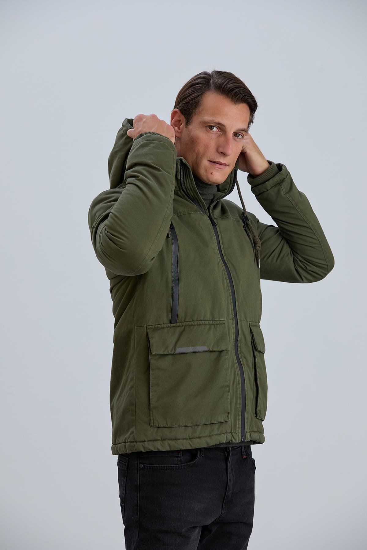 Çıkabilir Kapüşonlu Fermuar Detaylı Pamuk Erkek Mont