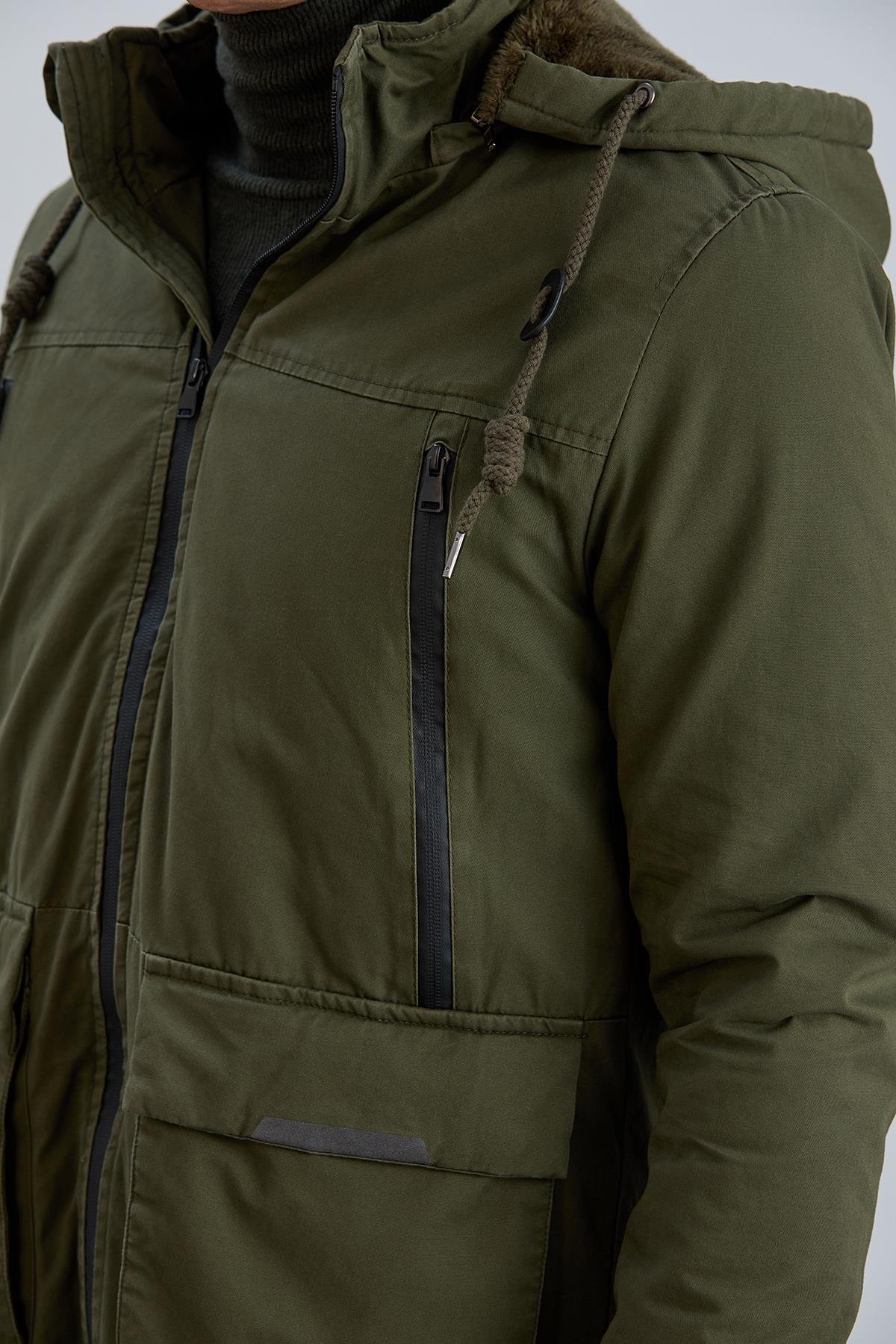 Çıkabilir Kapüşonlu Fermuar Detaylı Pamuk Erkek Mont