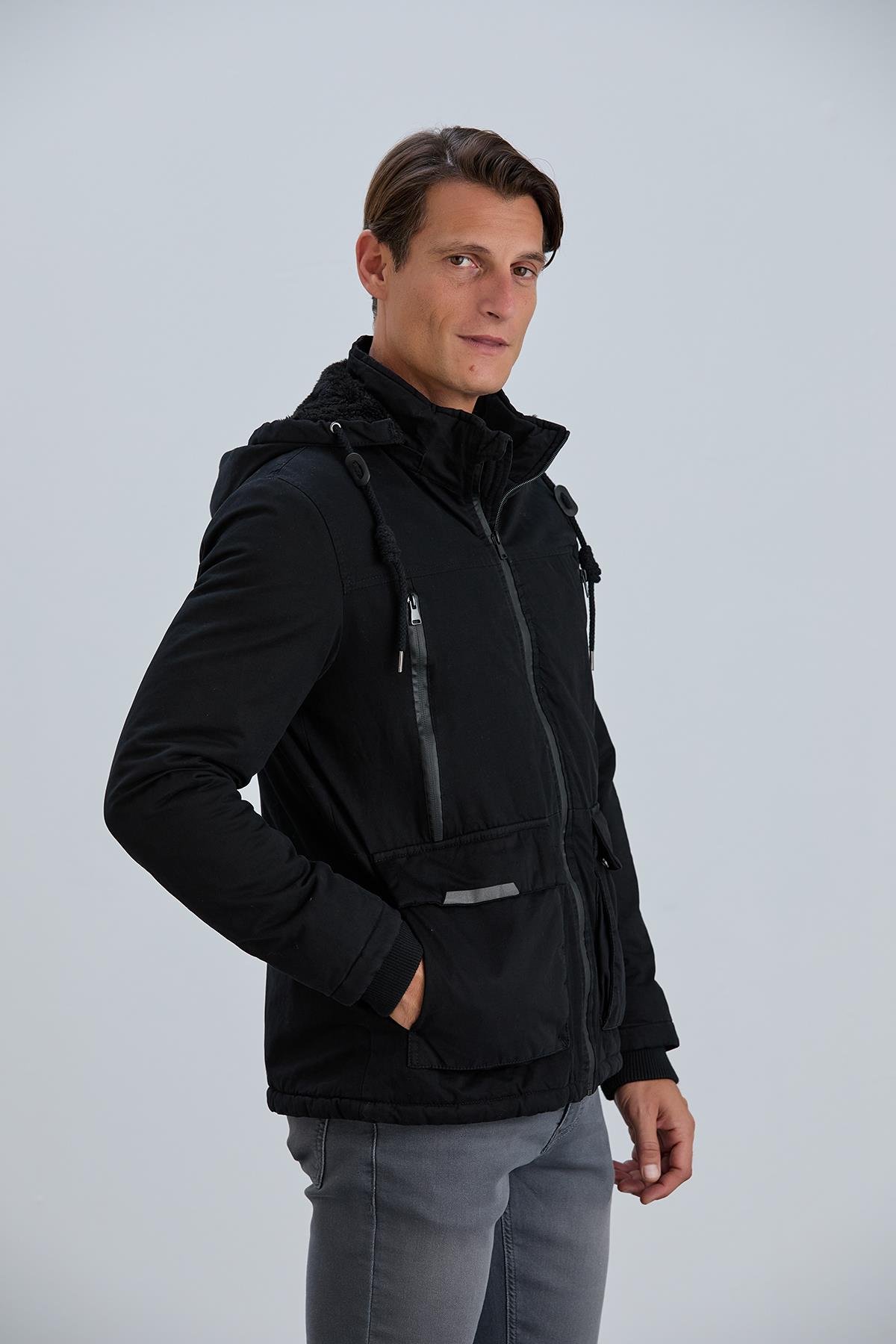 Çıkabilir Kapüşonlu Fermuar Detaylı Pamuk Erkek Mont