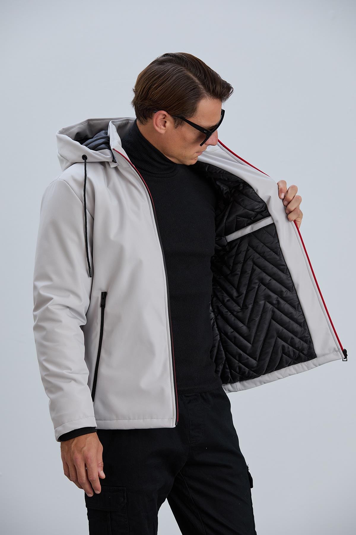 ERKEK MONT Baskı Detaylı Kapitone Astarlı SoftShell Mont