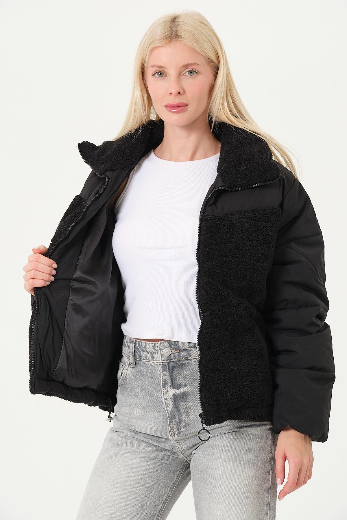 KADIN MONT Peluş Detaylı Çift Kumaş Kadın Mont