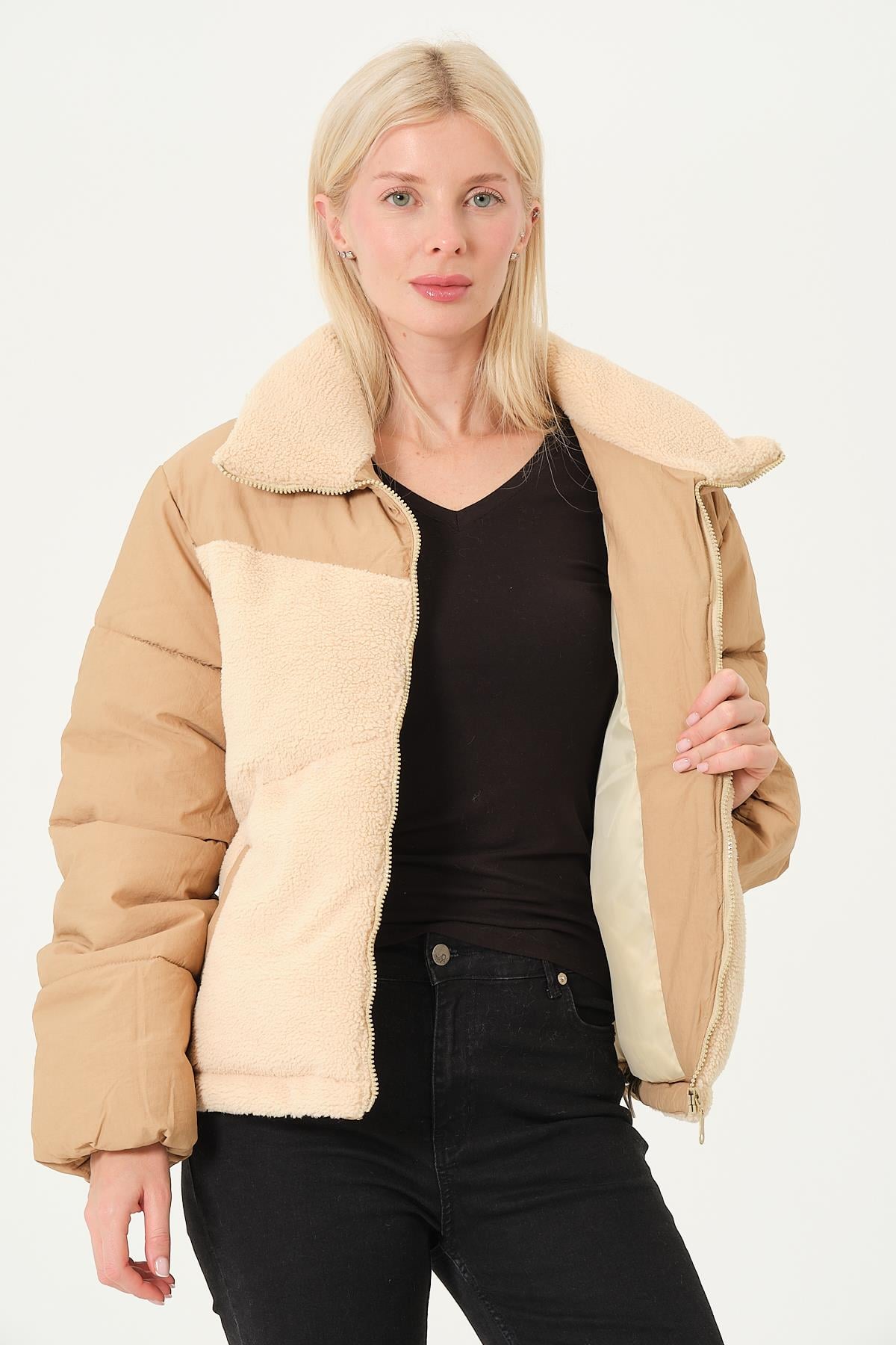 KADIN MONT Peluş Detaylı Çift Kumaş Kadın Mont