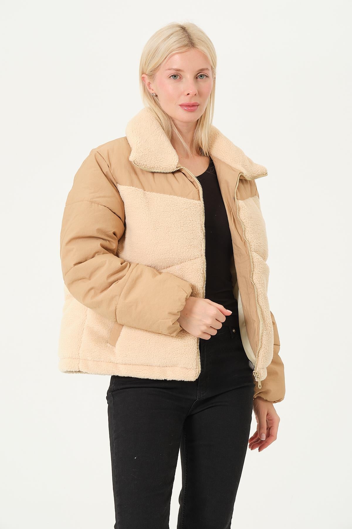 KADIN MONT Peluş Detaylı Çift Kumaş Kadın Mont