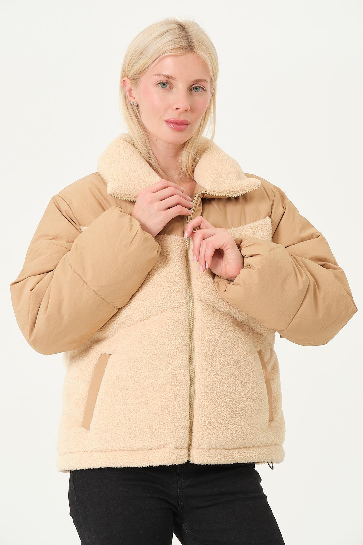 KADIN MONT Peluş Detaylı Çift Kumaş Kadın Mont