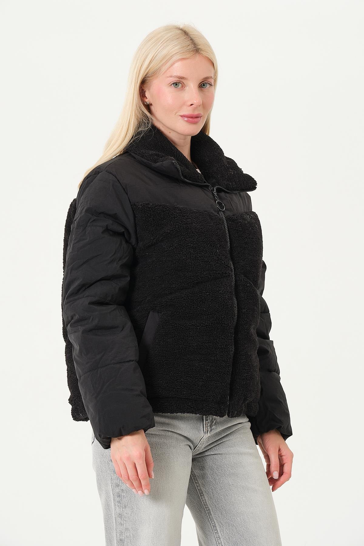 KADIN MONT Peluş Detaylı Çift Kumaş Kadın Mont