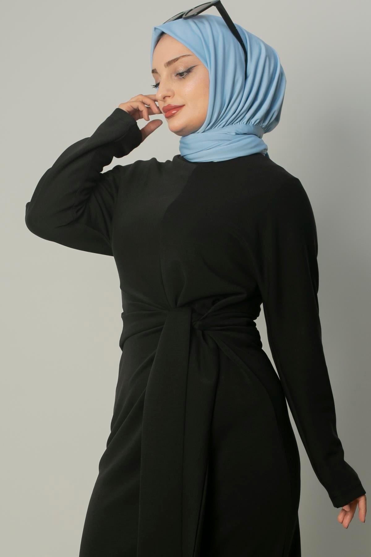 Sayra Shawl kadın bağlama detaylı nubuk tesettür elbise  SYR018