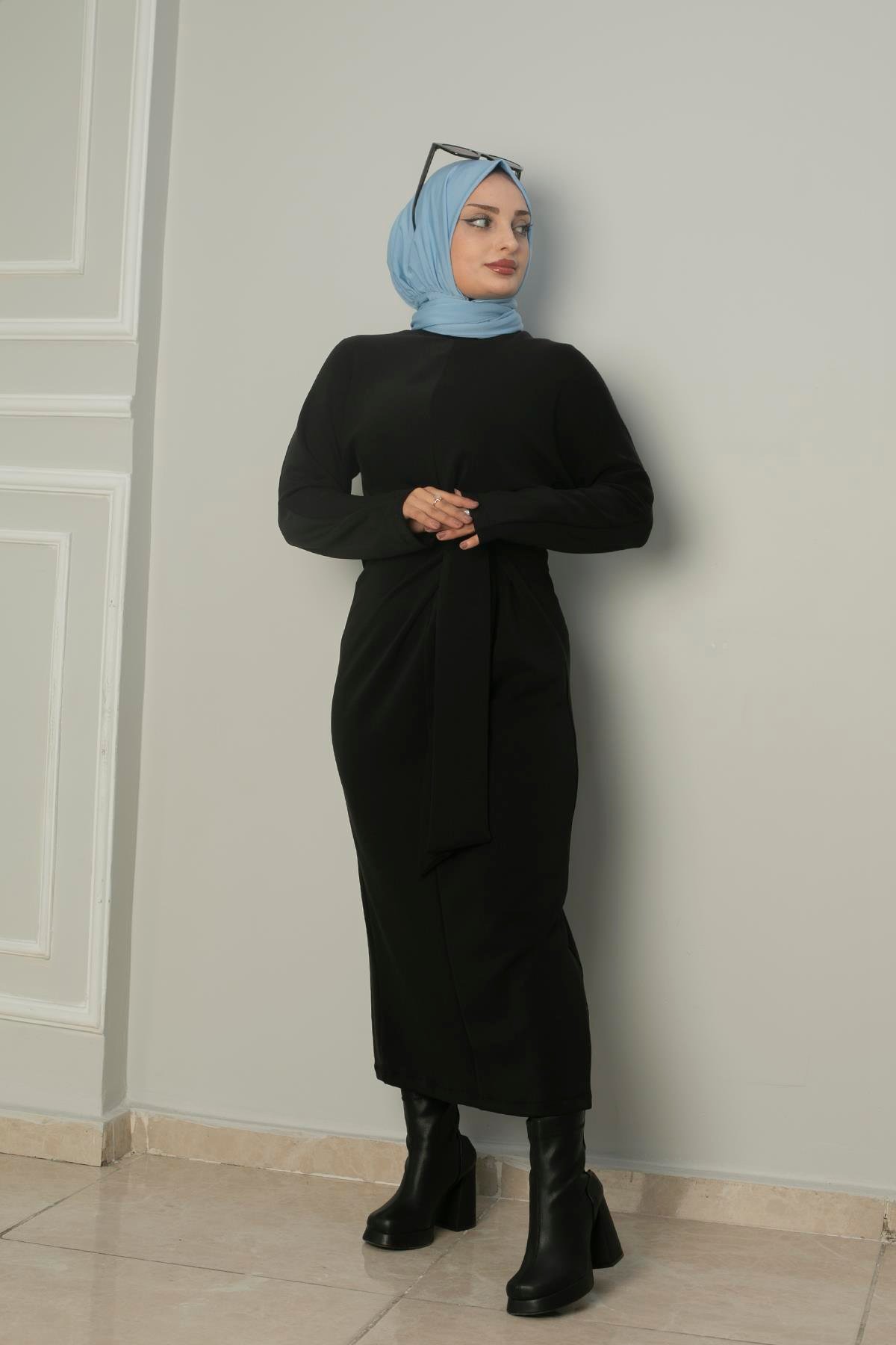 Sayra Shawl kadın bağlama detaylı nubuk tesettür elbise  SYR018