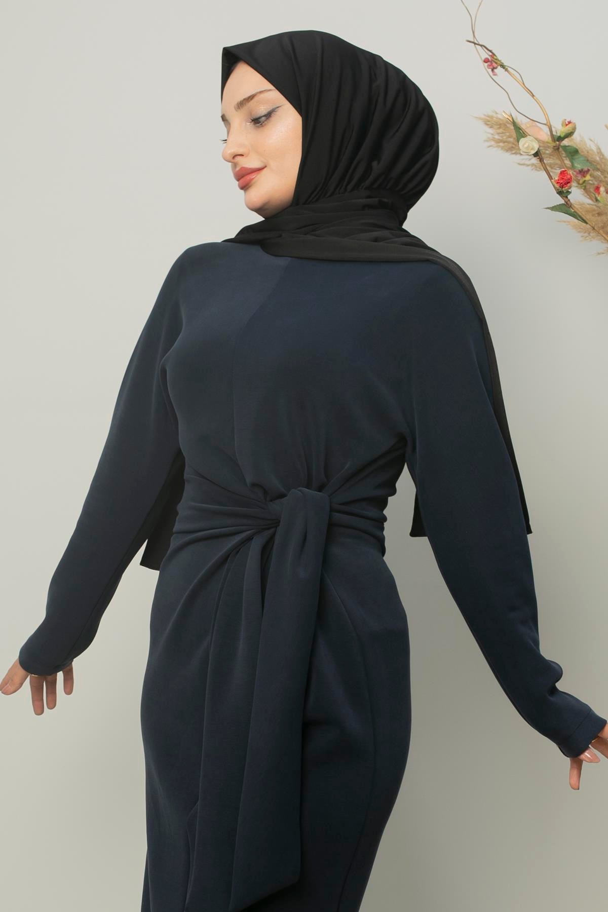 Sayra Shawl kadın bağlama detaylı nubuk tesettür elbise  SYR018