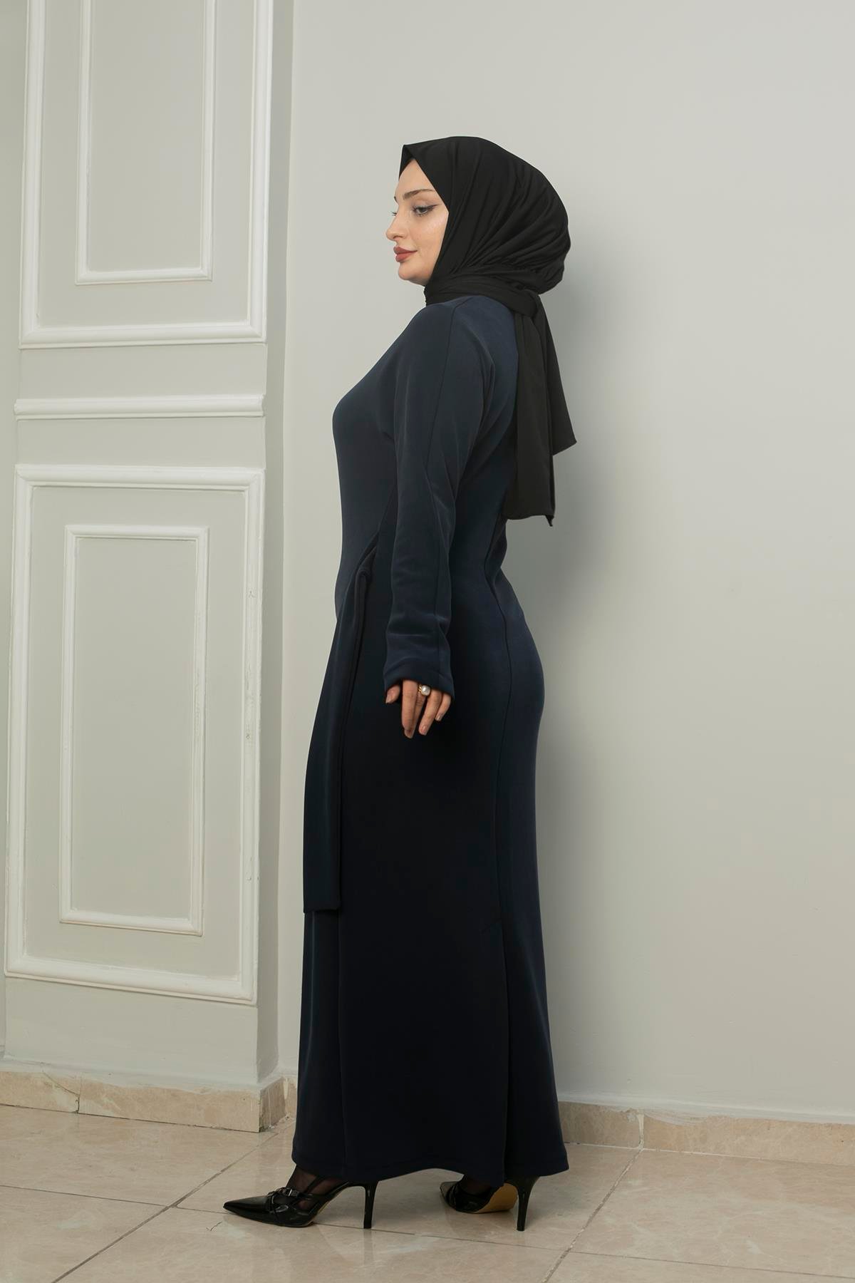 Sayra Shawl kadın bağlama detaylı nubuk tesettür elbise  SYR018