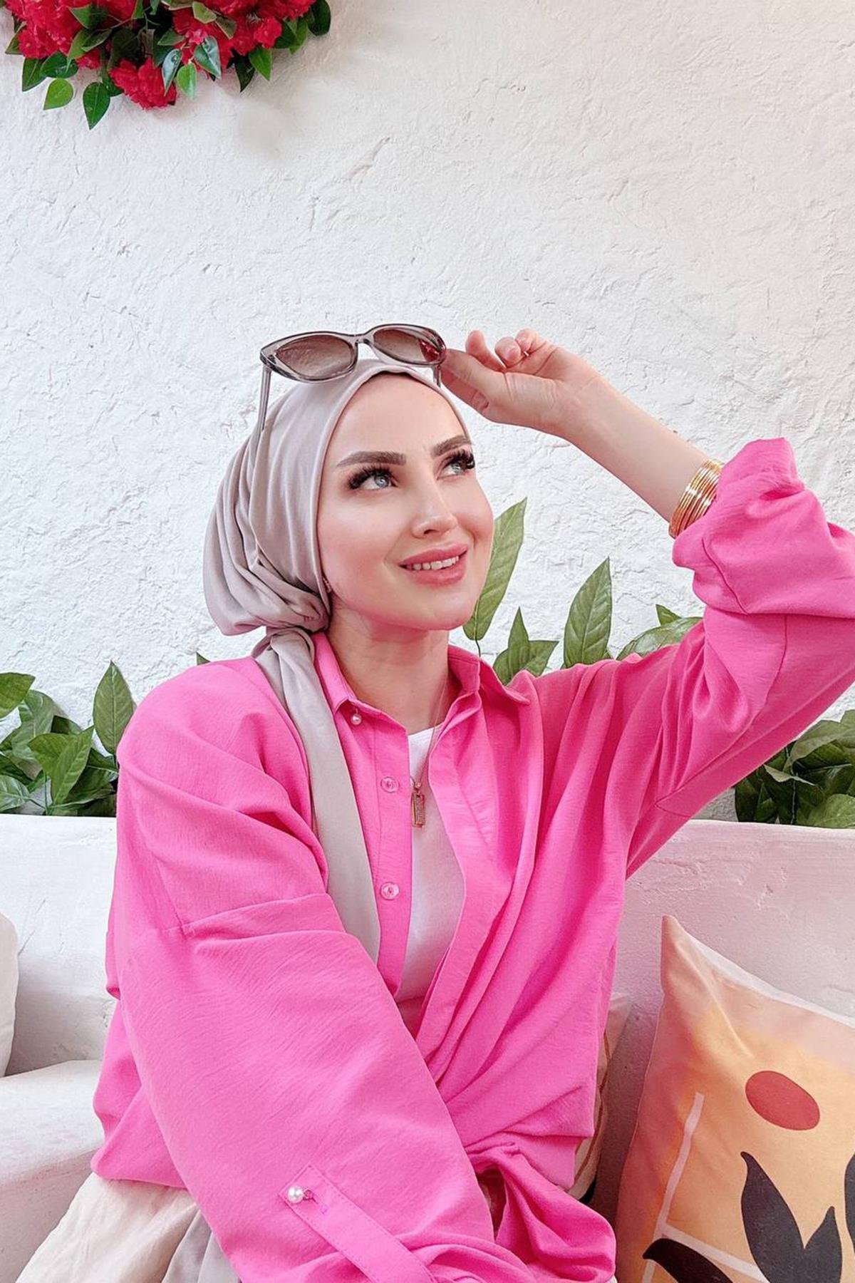 Sayra Shawl kadın bej çıtçıtlı hazır şal 