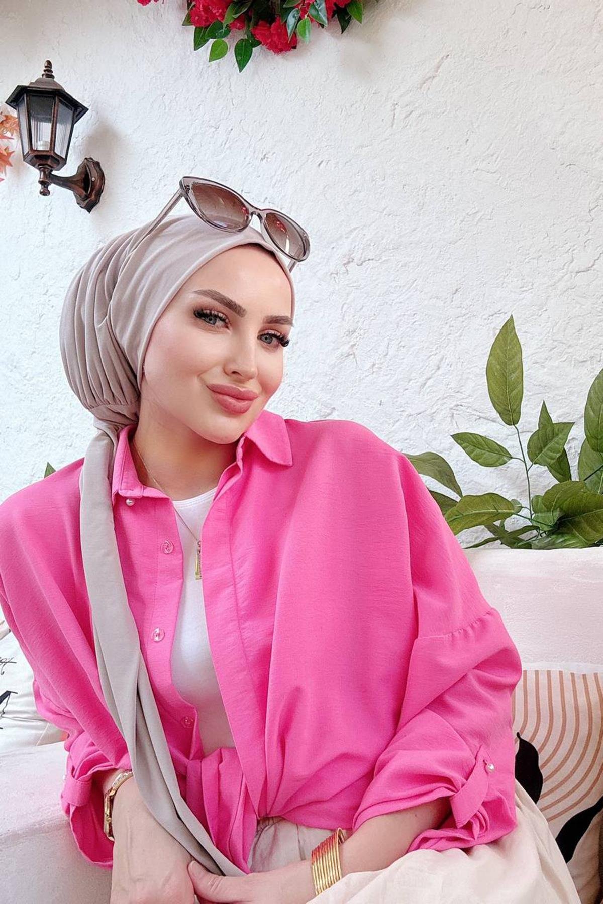 Sayra Shawl kadın bej çıtçıtlı hazır şal 