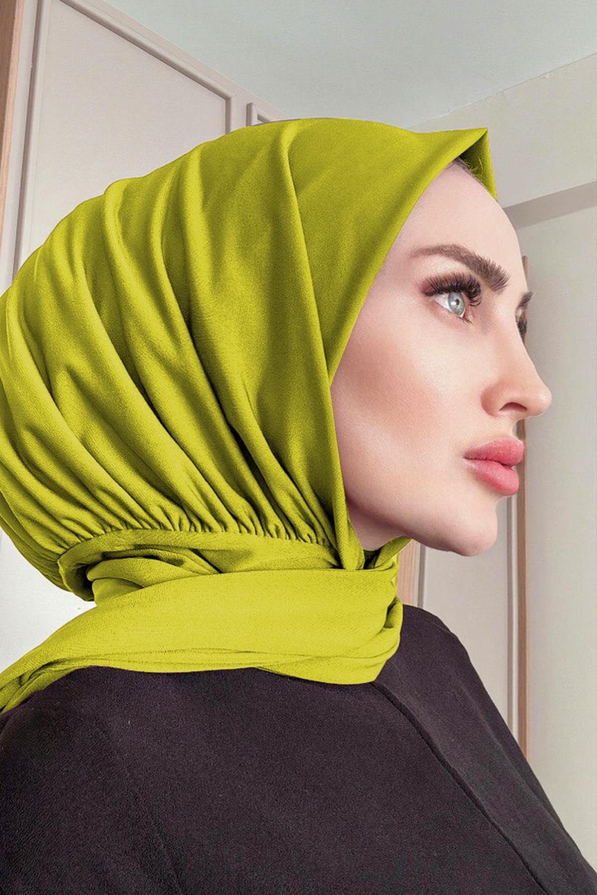 Sayra shawl kadın fıstık yeşil likralı kumaş hazır çıtçıtlı şal SYR008