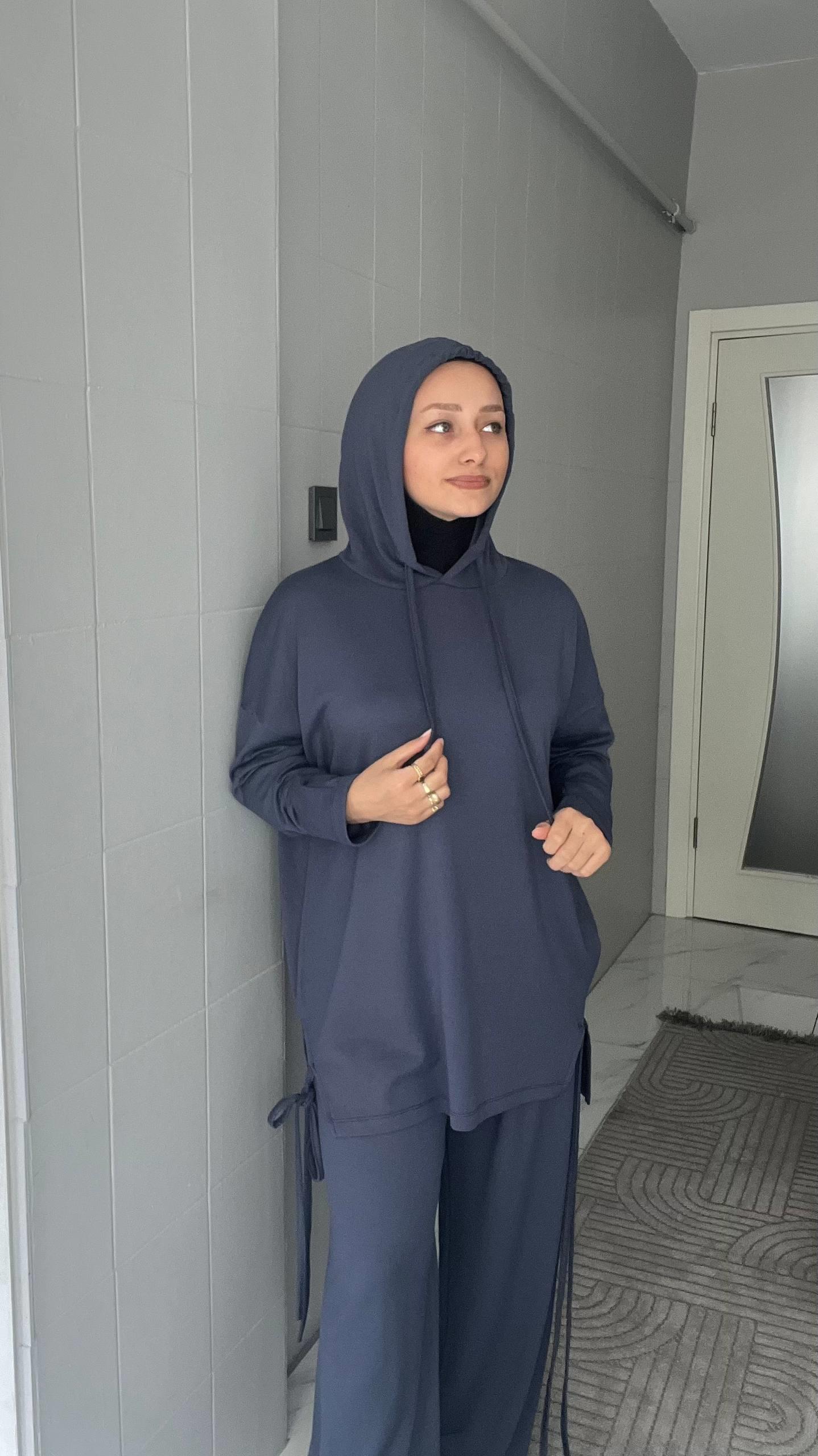 Sayra Shawl Kadın Füme Kapüşonlu Büzgü Detaylı Alt Üst Takım