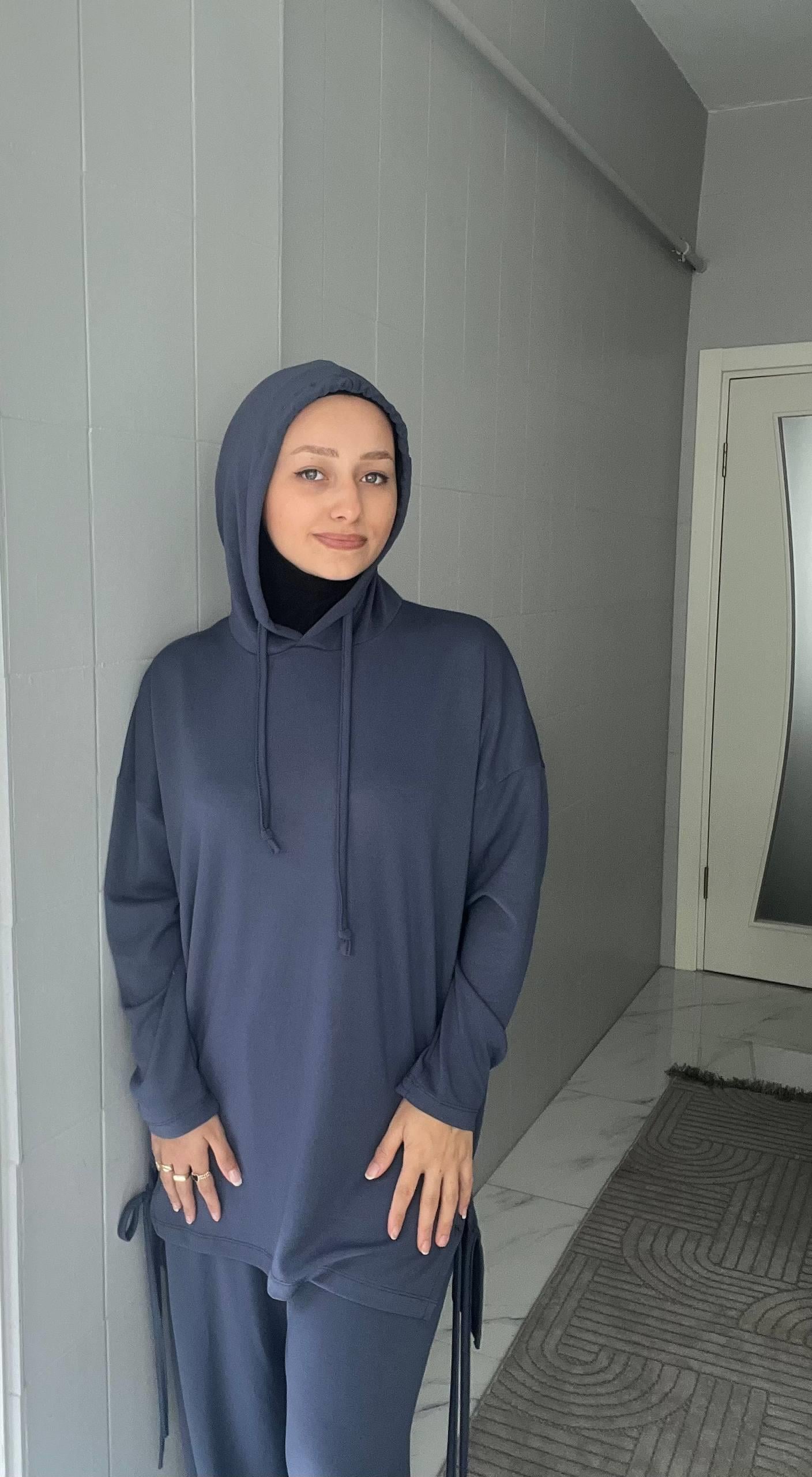 Sayra Shawl Kadın Füme Kapüşonlu Büzgü Detaylı Alt Üst Takım