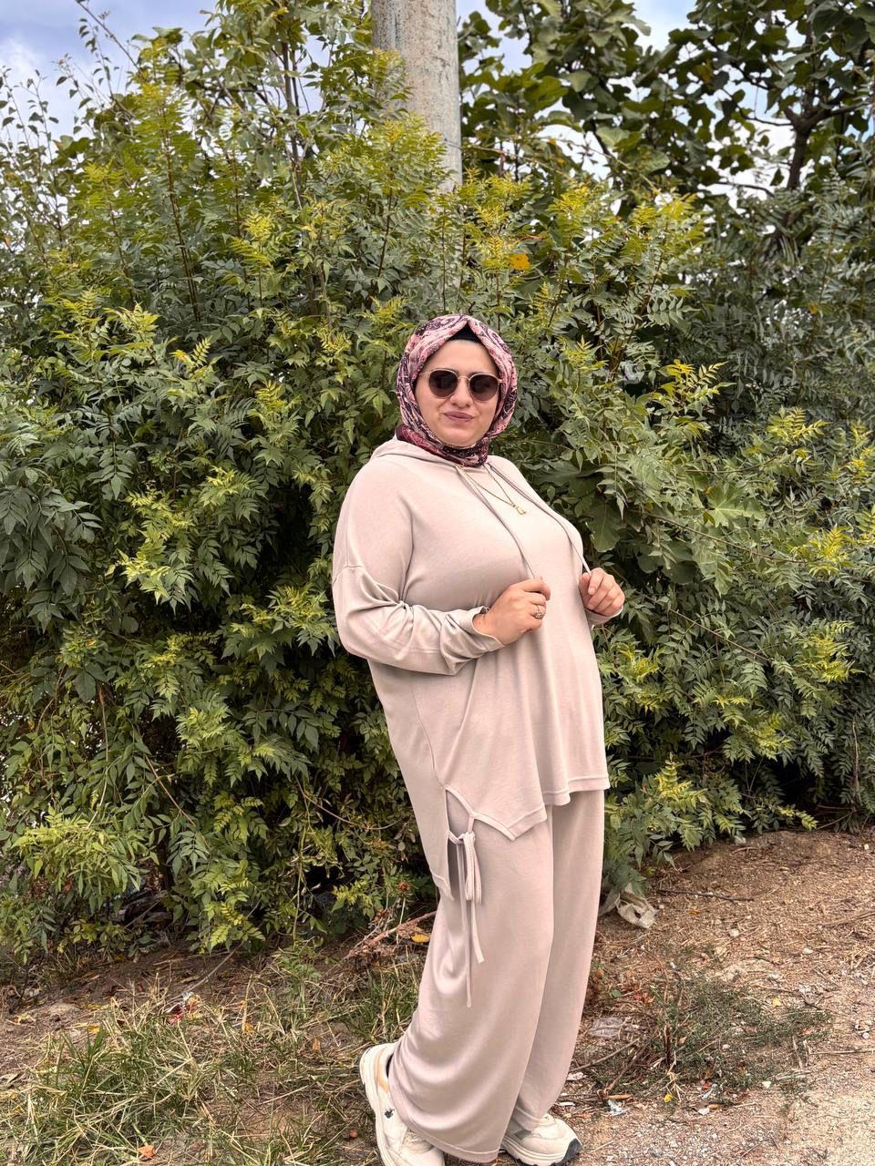 Sayra Shawl Kadın Krem Kapüşonlu Büzgü Detaylı Alt Üst Takım