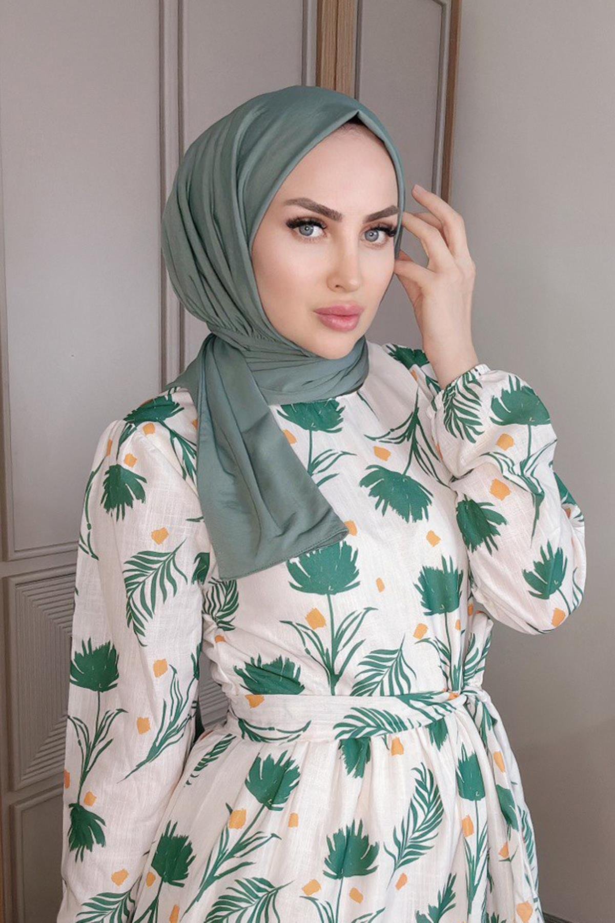 Sayra shawl kadın küf yeşili likralı kumaş hazır çıtçıtlı şal SYR008