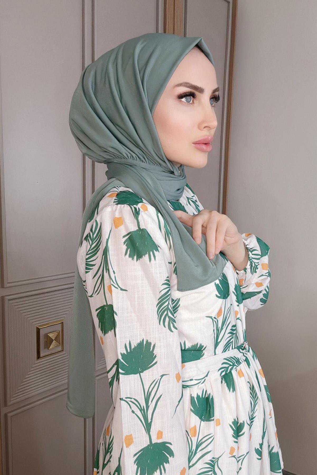 Sayra shawl kadın küf yeşili likralı kumaş hazır çıtçıtlı şal SYR008