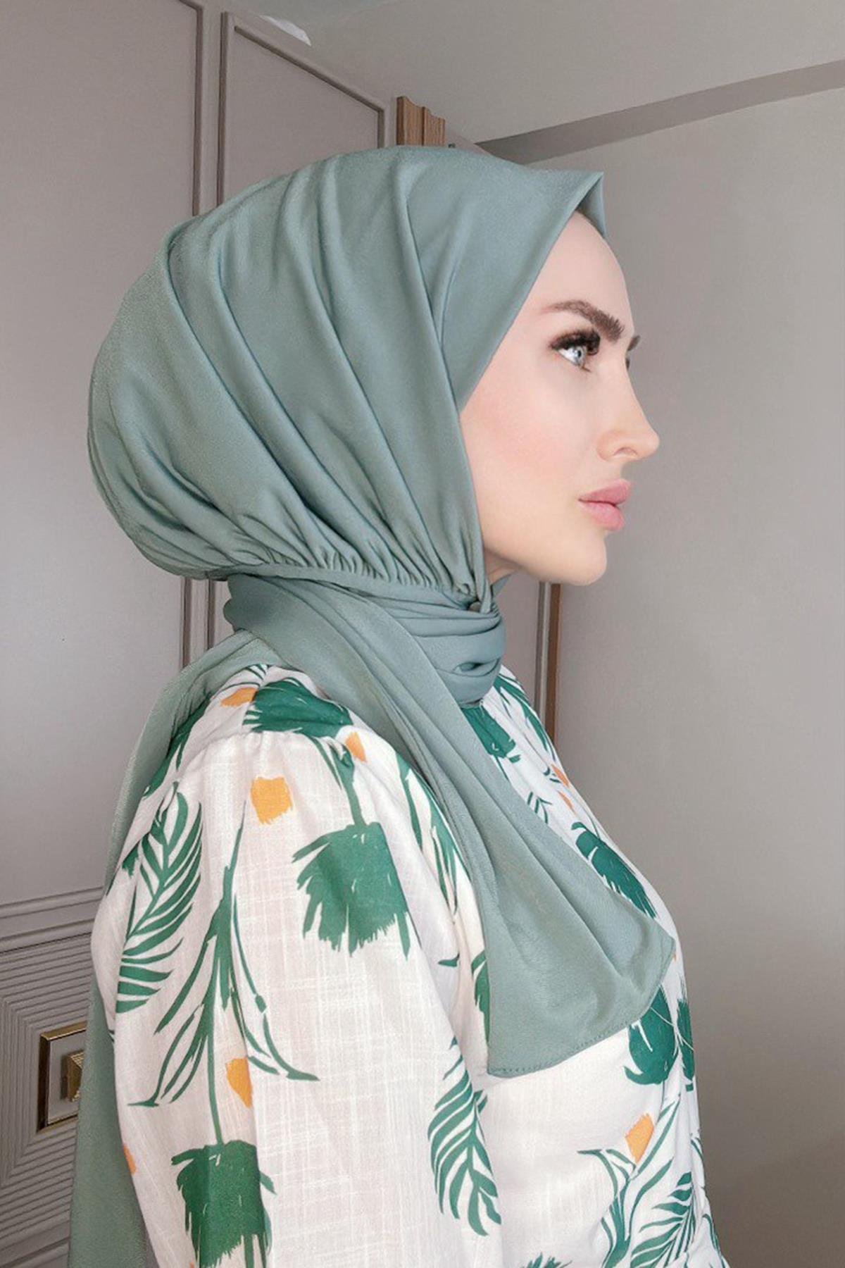 Sayra shawl kadın küf yeşili likralı kumaş hazır çıtçıtlı şal SYR008