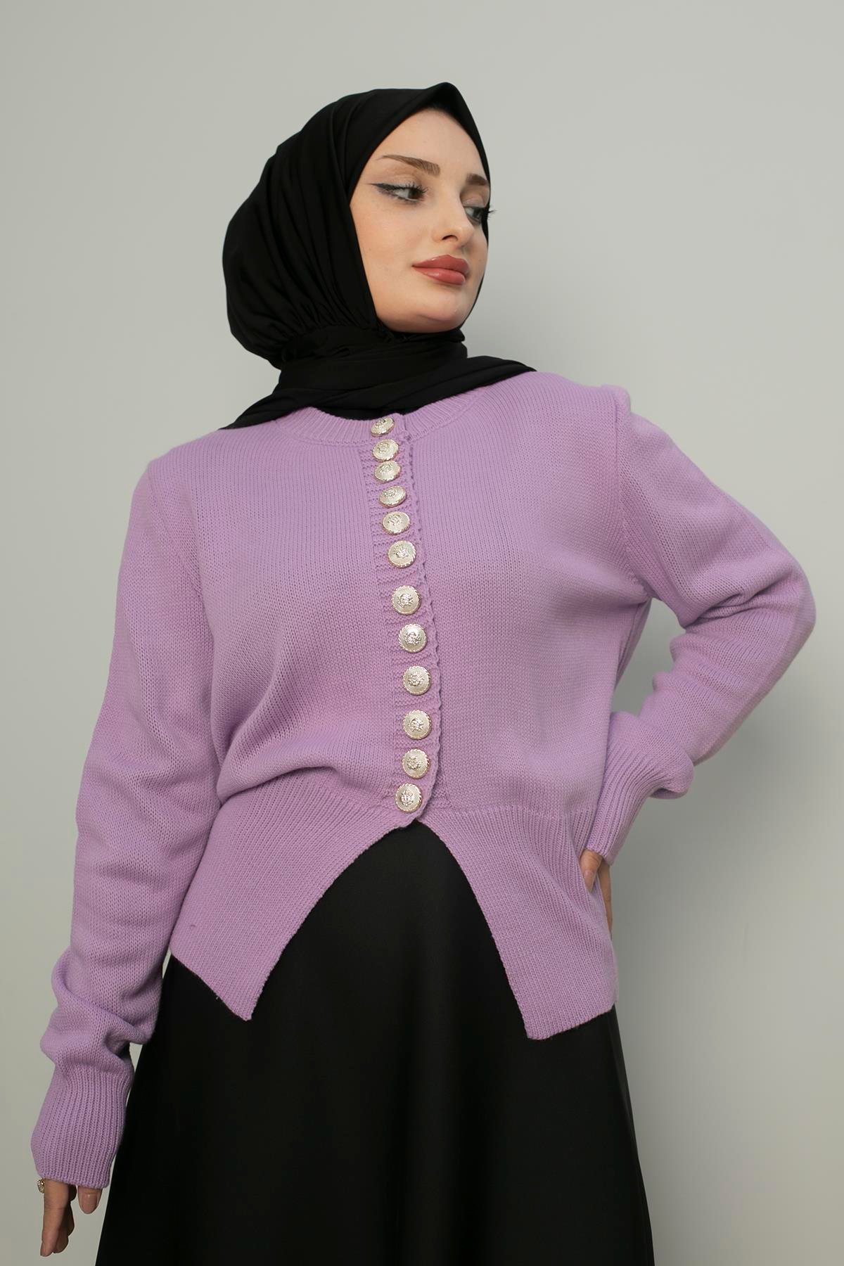 Sayra Shawl kadın lila düğme detaylı triko hırka SYR017