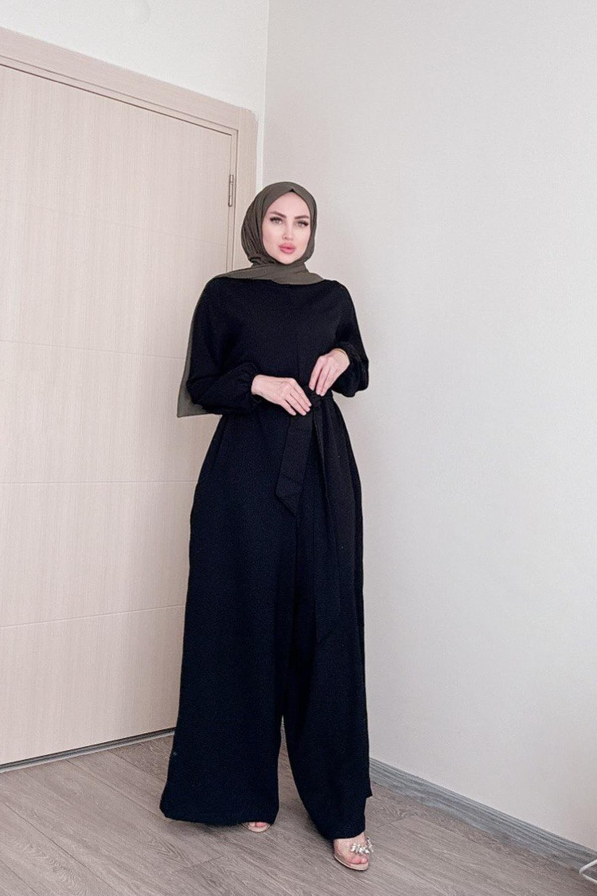 Sayra shawl kadın siyah kuşaklı salaş kesim tesettür tulum SYR009