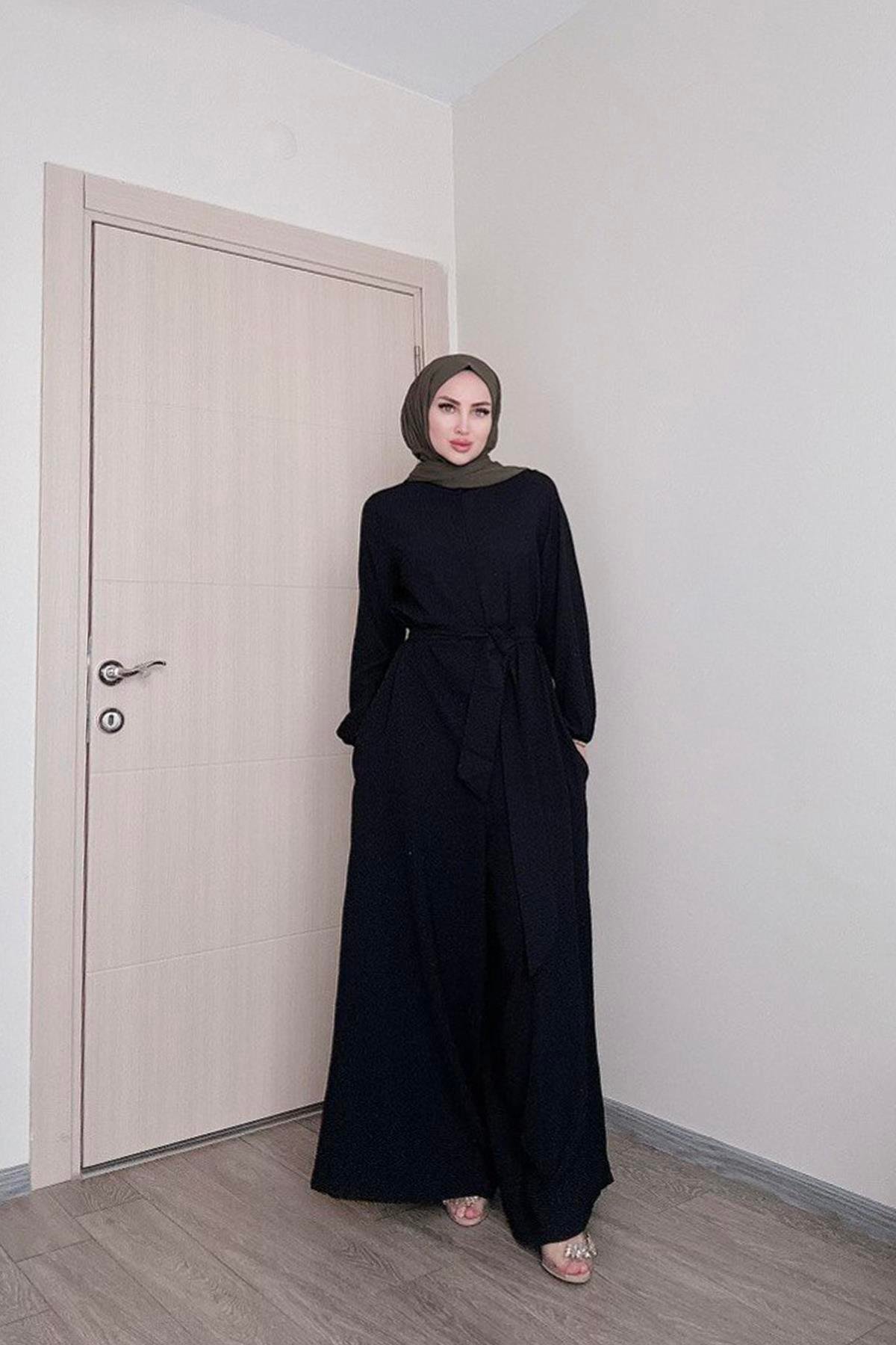 Sayra shawl kadın siyah kuşaklı salaş kesim tesettür tulum SYR009