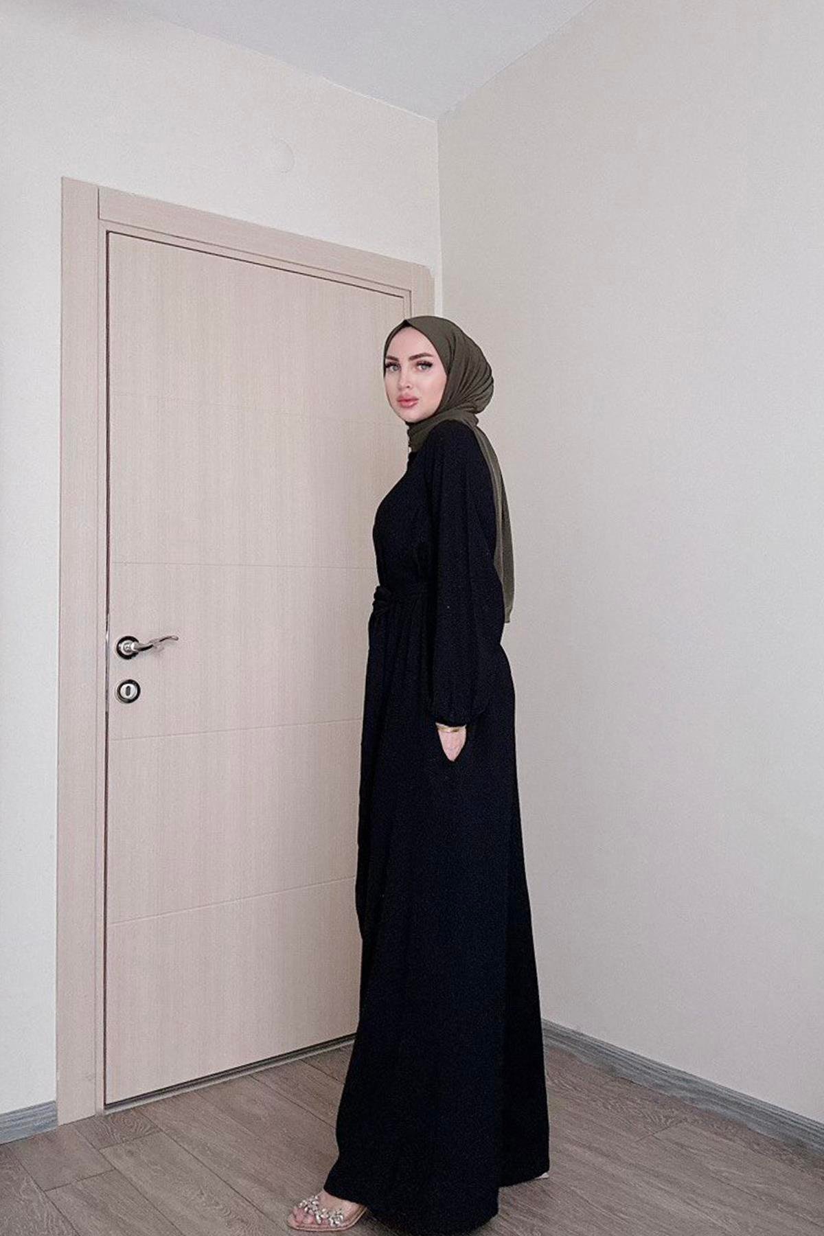 Sayra shawl kadın siyah kuşaklı salaş kesim tesettür tulum SYR009