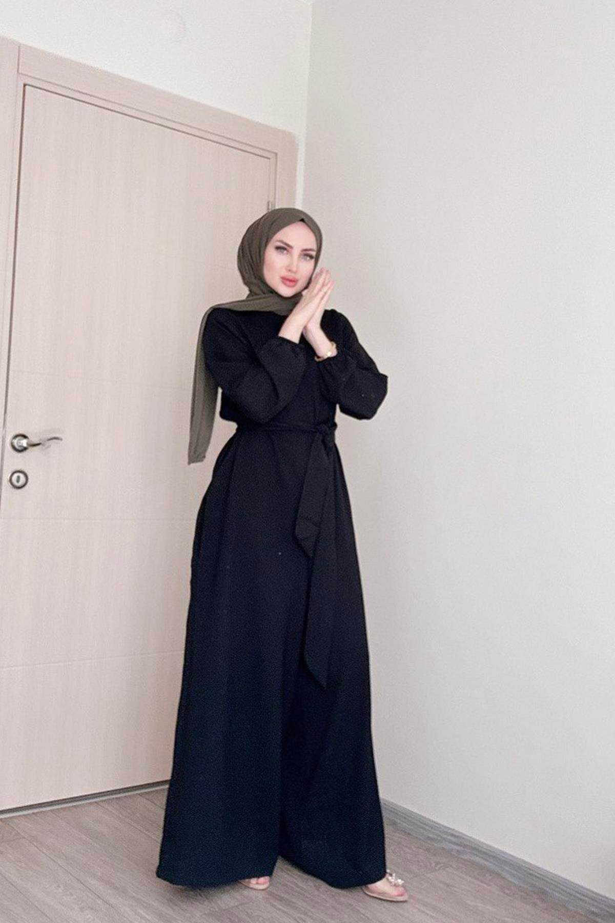 Sayra shawl kadın siyah kuşaklı salaş kesim tesettür tulum SYR009