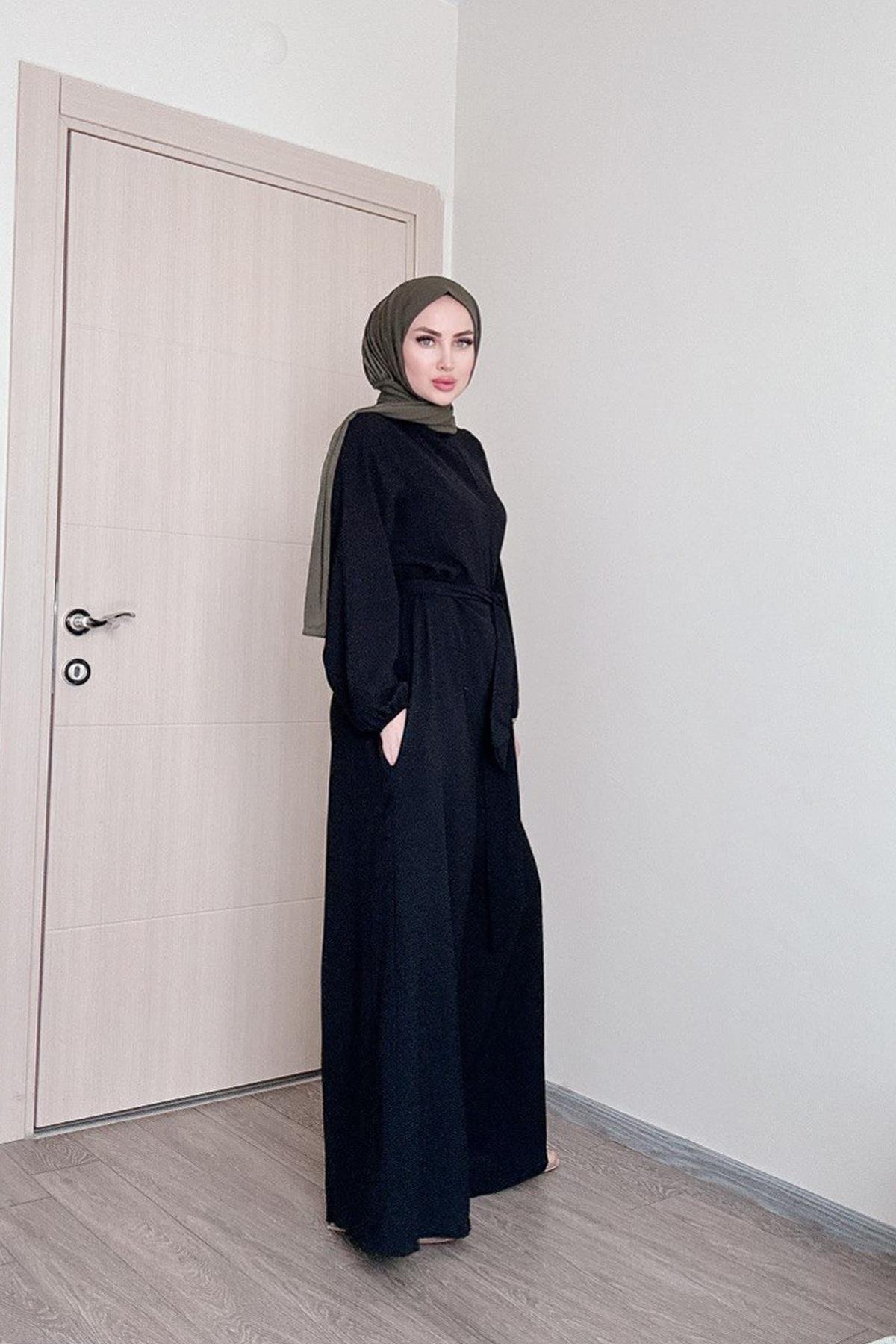 Sayra shawl kadın siyah kuşaklı salaş kesim tesettür tulum SYR009