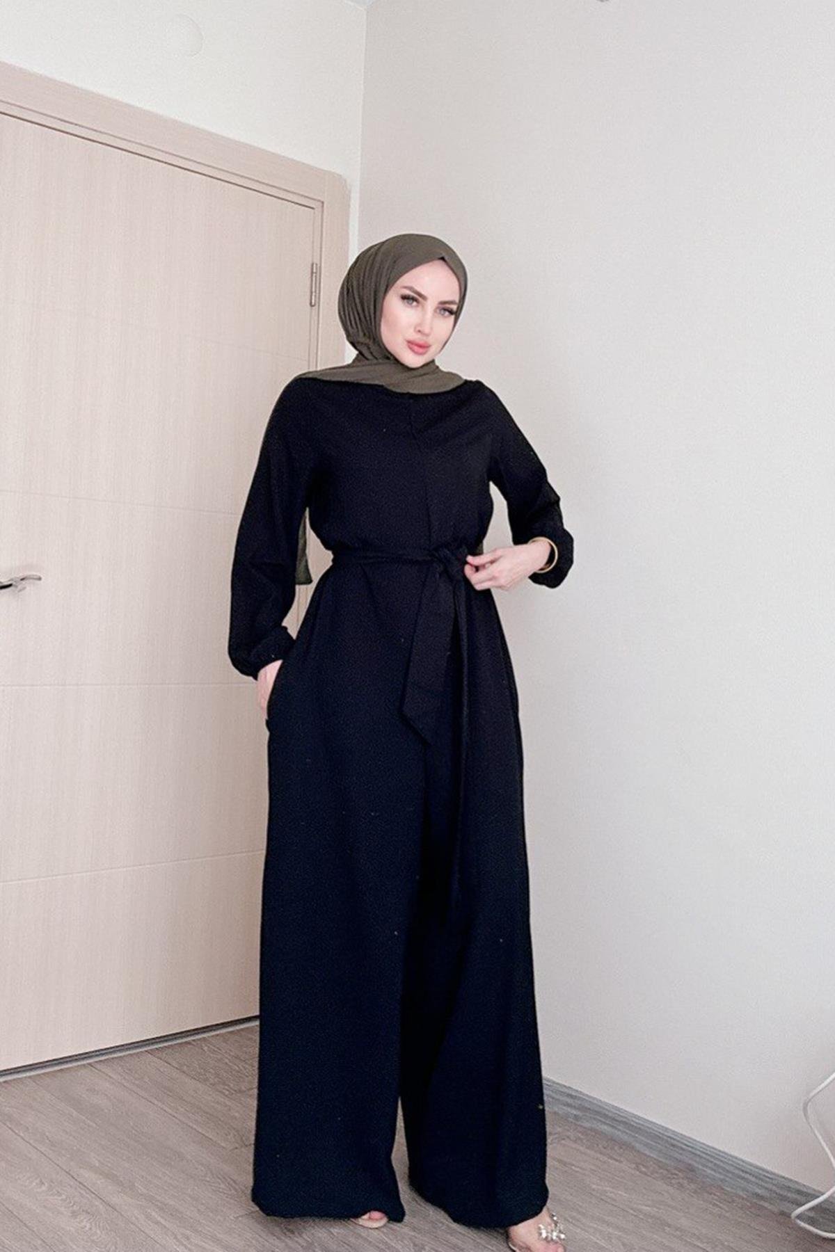 Sayra shawl kadın siyah kuşaklı salaş kesim tesettür tulum SYR009