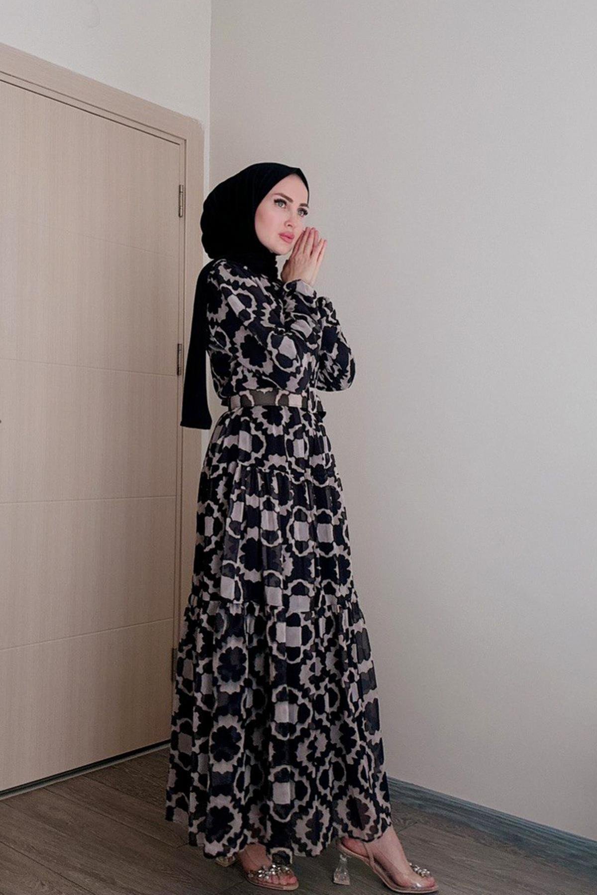 Sayra Shawl kadın yeni sezon desenli tesettür elbise SYR012