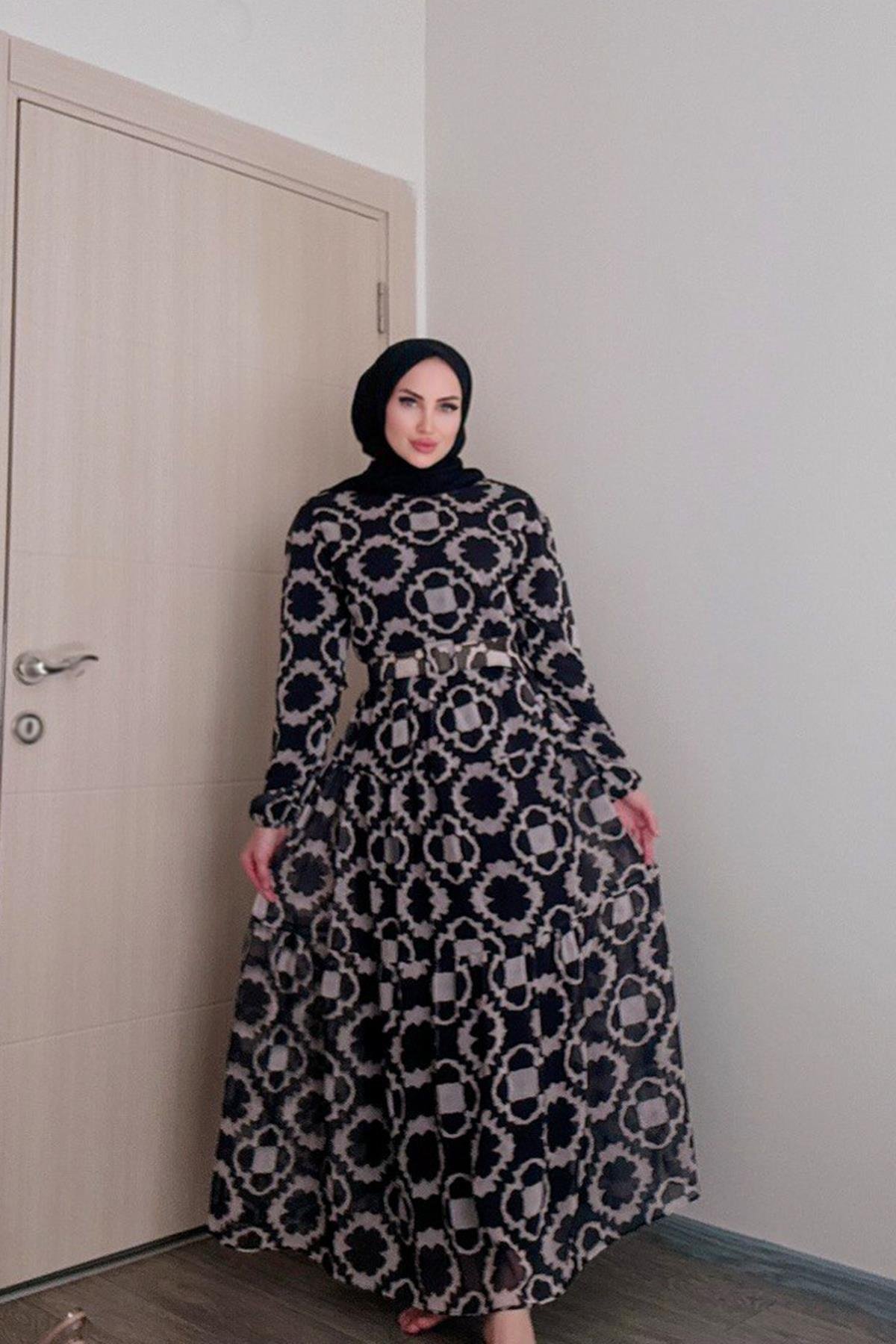 Sayra Shawl kadın yeni sezon desenli tesettür elbise SYR012