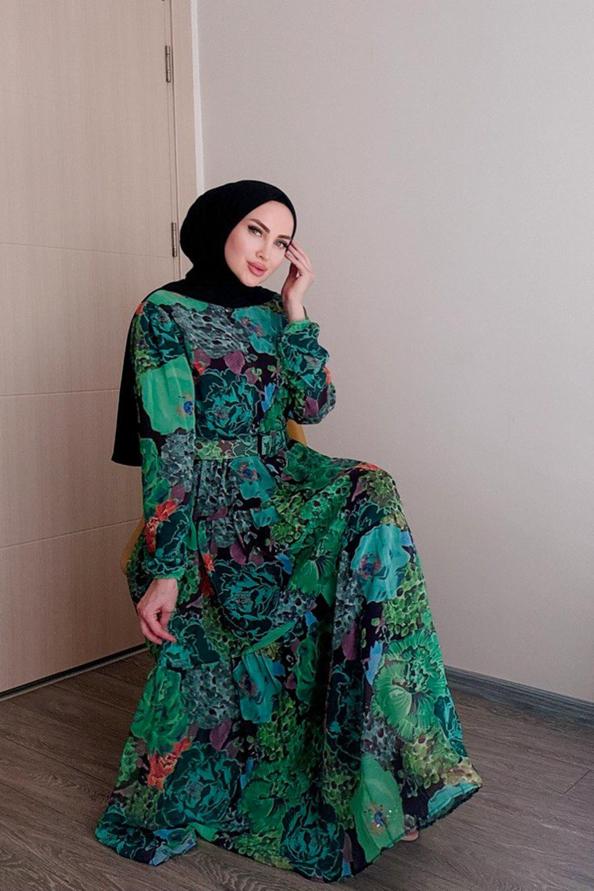 Sayra Shawl kadın yeşil bisiklet yaka tesettür elbise SYR011