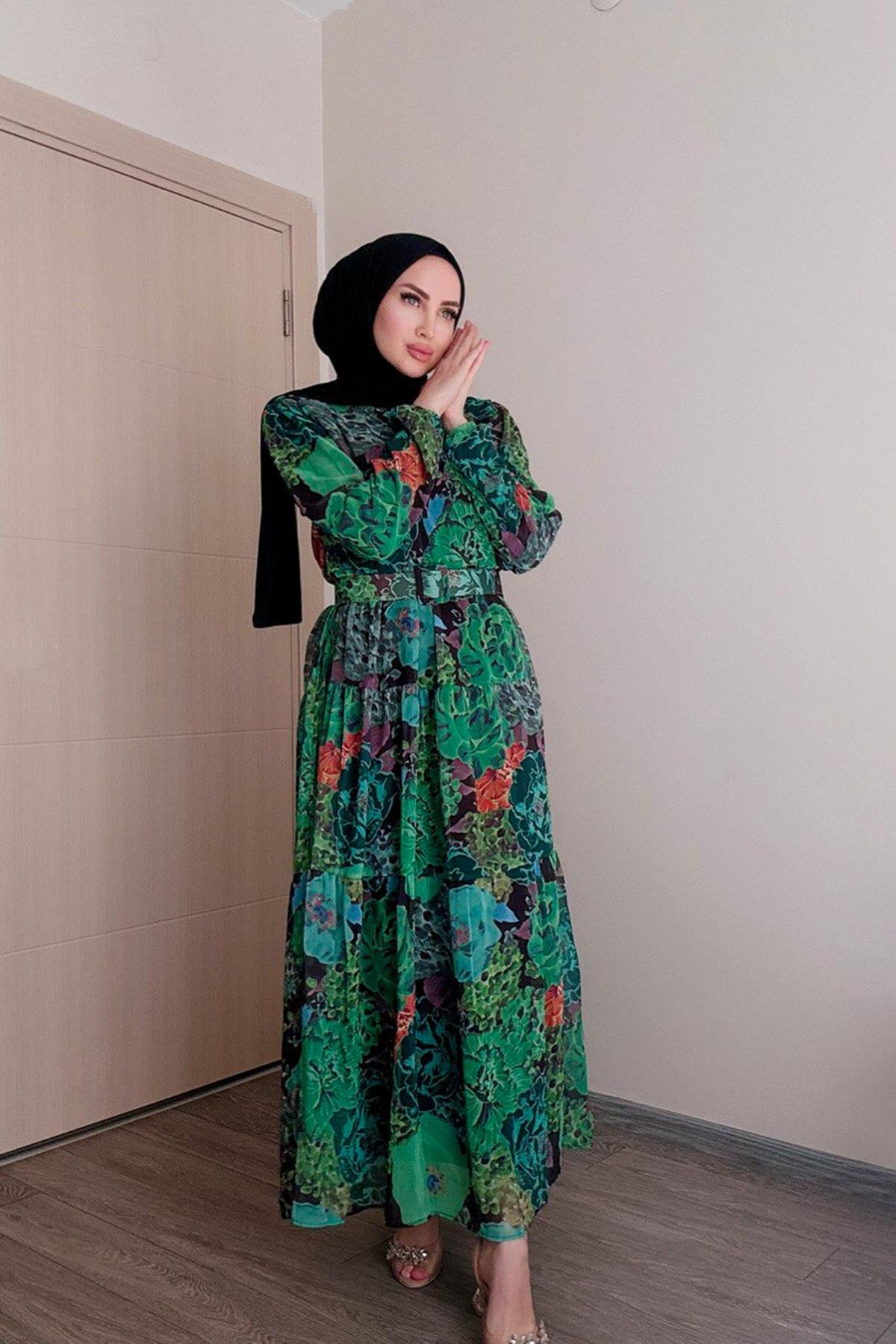 Sayra Shawl kadın yeşil bisiklet yaka tesettür elbise SYR011