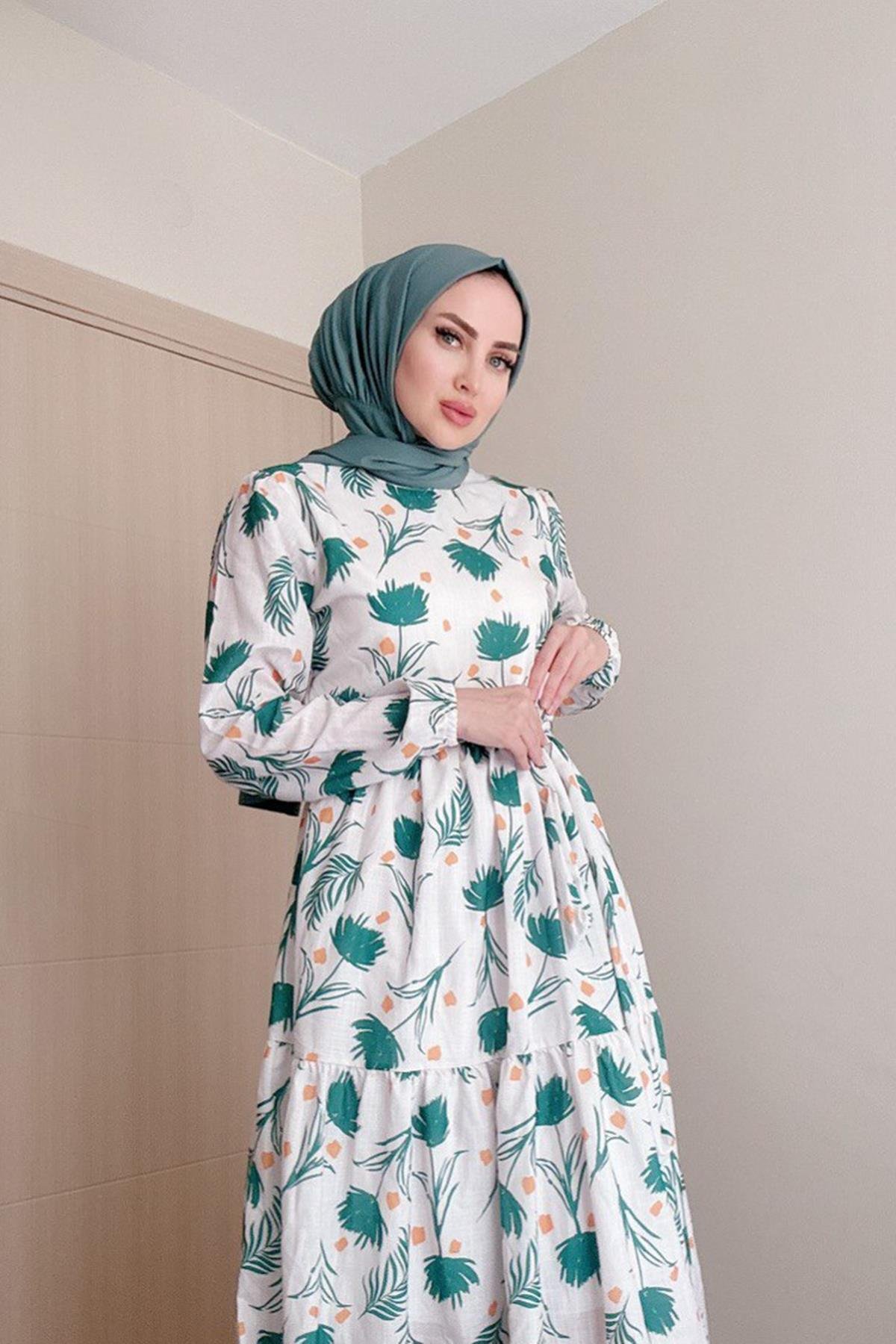 Sayra Shawl kadın yeşil çiçek desenli tesettür elbise SYR010