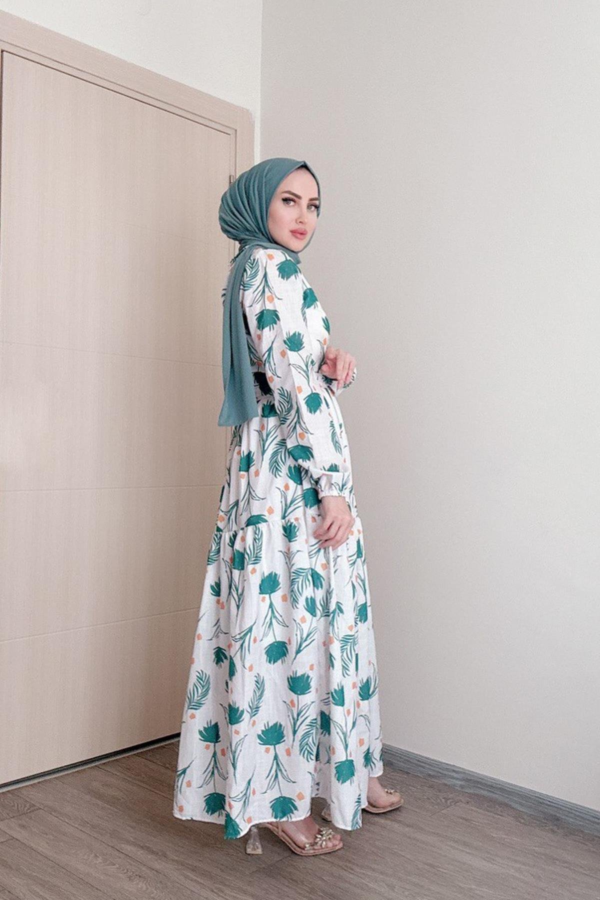 Sayra Shawl kadın yeşil çiçek desenli tesettür elbise SYR010