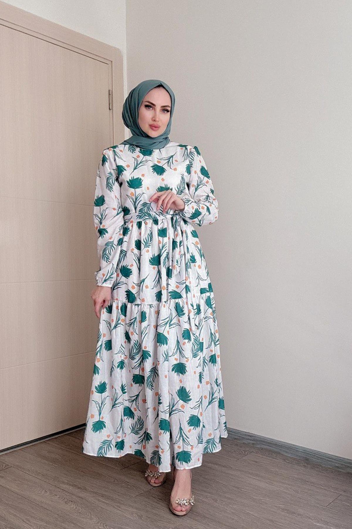 Sayra Shawl kadın yeşil çiçek desenli tesettür elbise SYR010