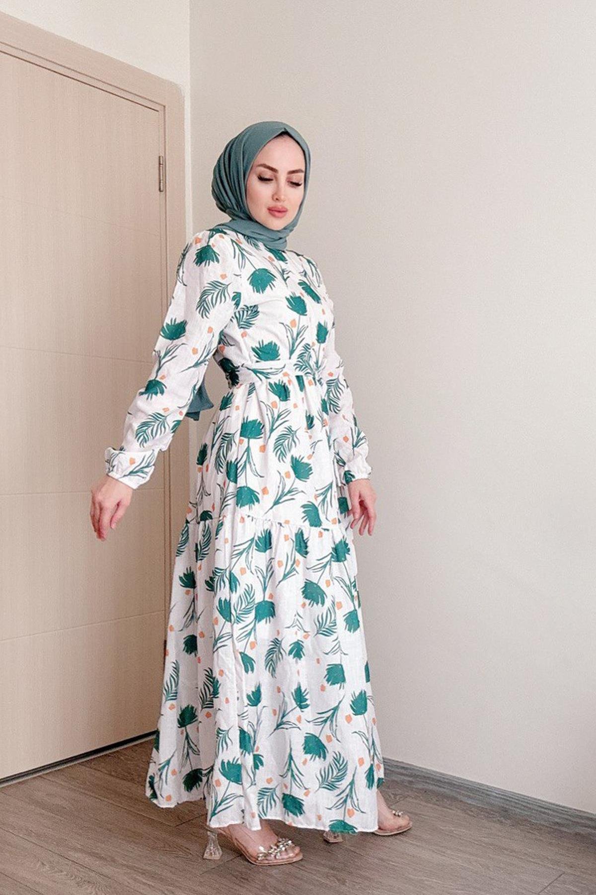 Sayra Shawl kadın yeşil çiçek desenli tesettür elbise SYR010