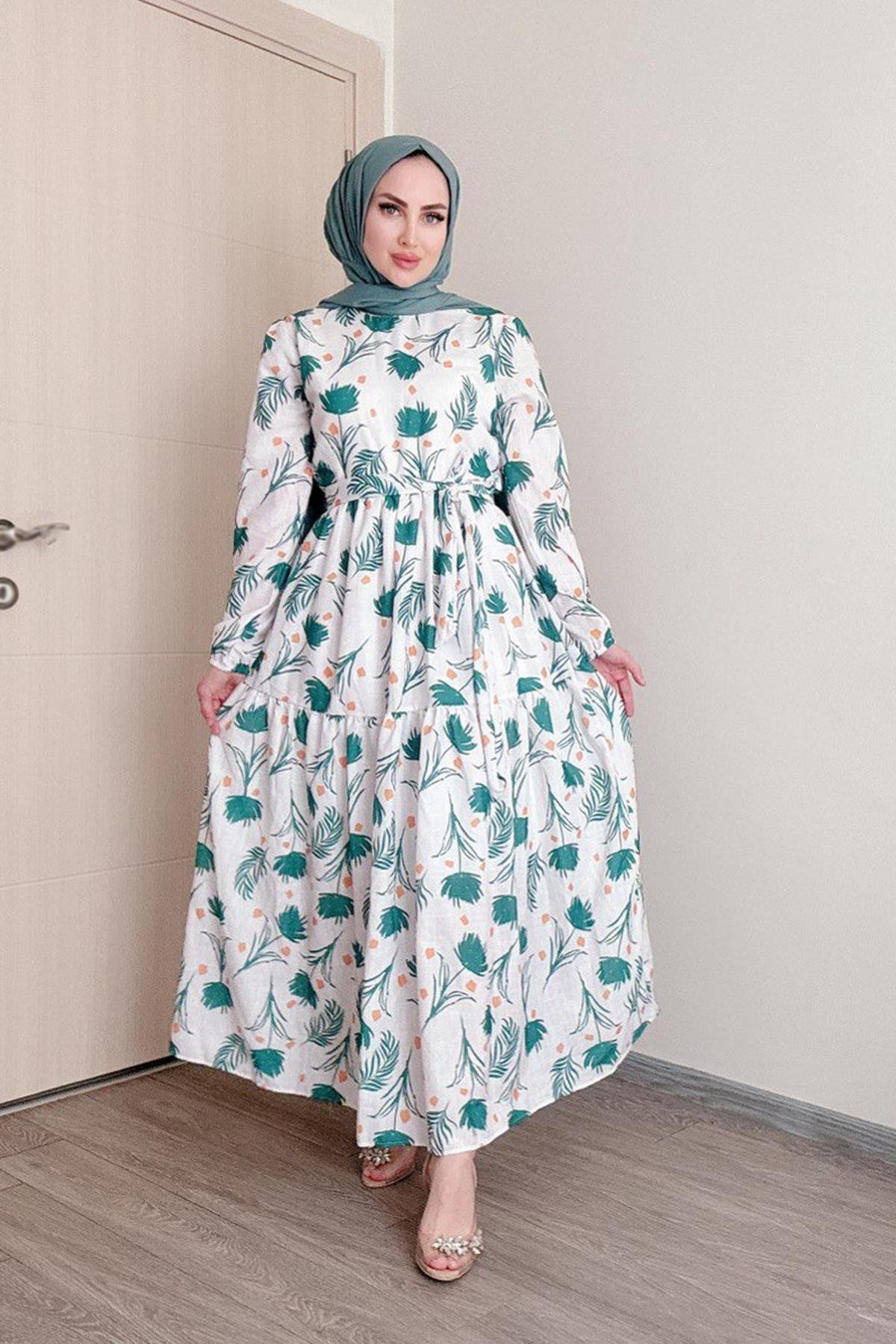 Sayra Shawl kadın yeşil çiçek desenli tesettür elbise SYR010