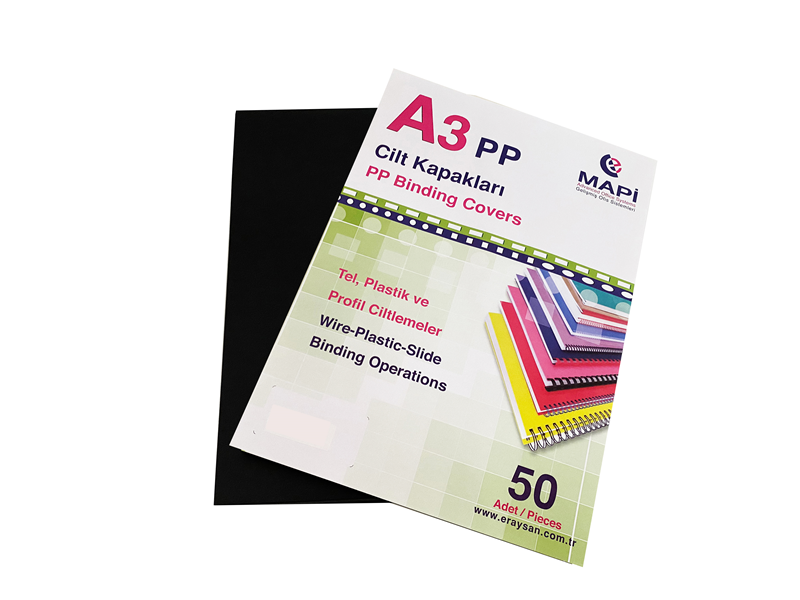 MAPİ A3 PP OPAK KAPAK (KUM DESEN) 450 MİCRON SİYAH 50 Lİ